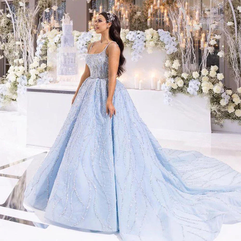 Serene Hill Blue Luxury Beaded Sleeveless Lace Up Wedding Dress 2025 - Custom Made Bridal Gown HM67331 for Elegant Ceremonies & Romantic Vows