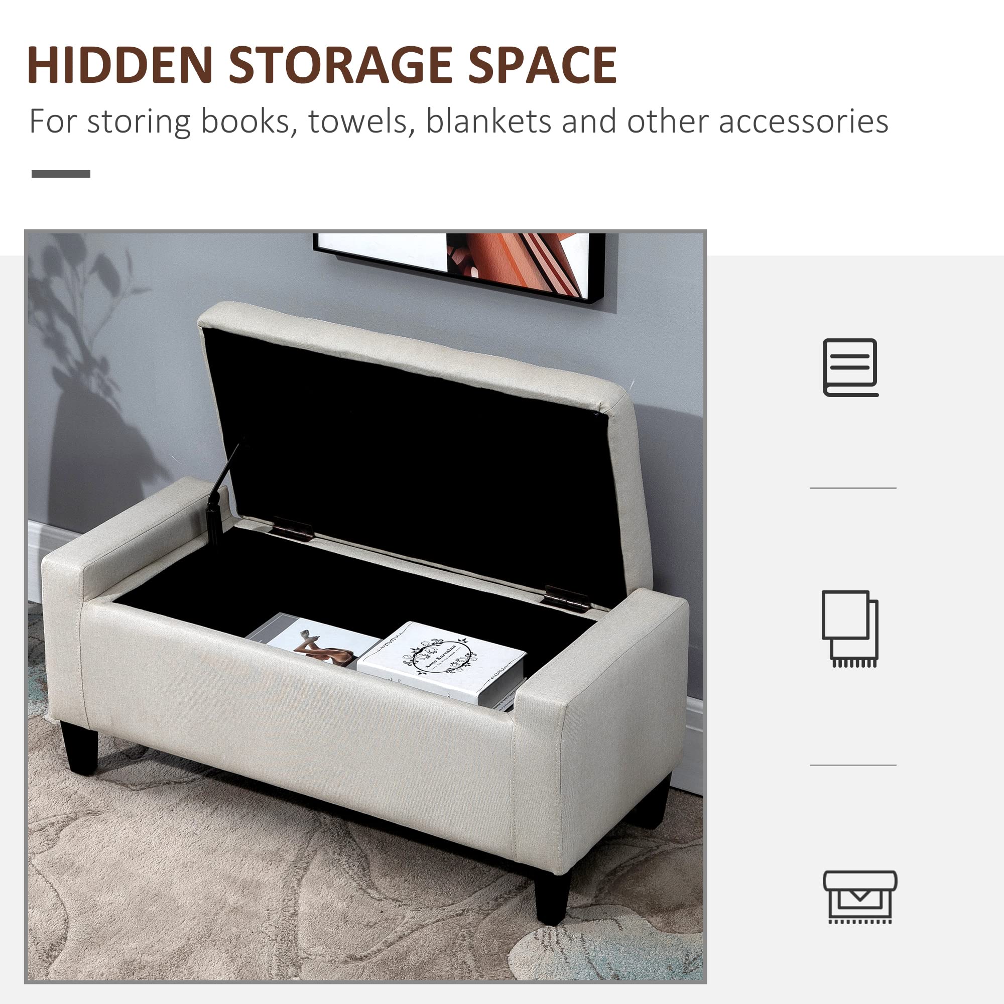 HOMCOM Linen Upholstered Storage Ottoman Bench with Lift Top & Button Tufted Design - Beige Storage Seat for Living Room, Bedroom & Entryway - Multi-Functional Footrest & Hidden Storage Solution