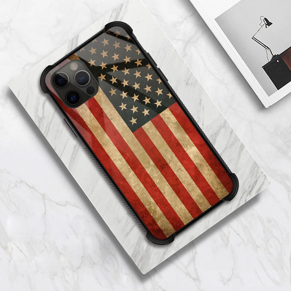 **Vintage Grunge American Flag iPhone 13 Pro Max Case – Shockproof Silicone TPU & Tempered Glass Back Protective Cover | Durable & Stylish for Daily Use, Travel, and Outdoor Activities**