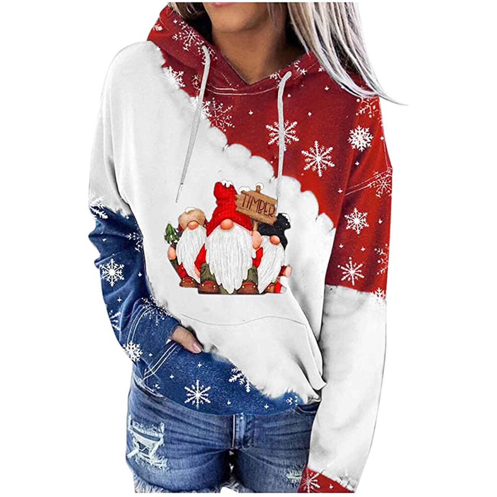 Women's Christmas Print Long Sleeve Hooded Sweatshirt with Pockets - Cozy Pullover Hoodie for Winter, Fall & Holiday Season | Perfect for Casual Wear, Gift Giving & Festive Outfits