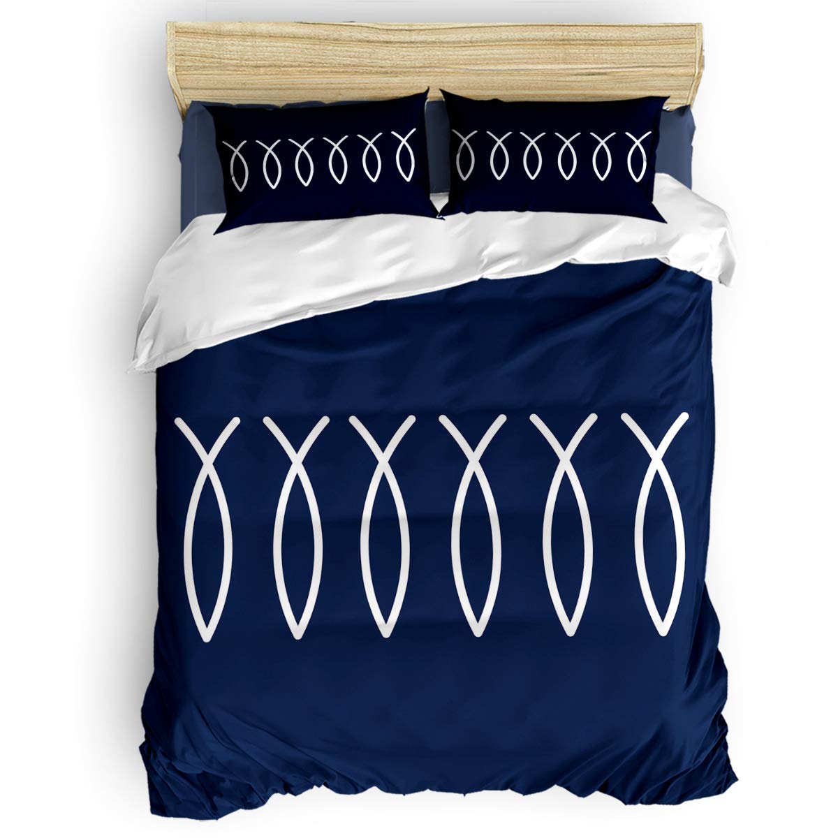 Libaoge Artistic Geometric Fish Print Duvet Cover Set Twin Size 4Pcs - Dark Blue Comforter Cover with Pillowcases & Flat Sheet - Modern Bedroom & Hotel Decor for Stylish Home Interior Design