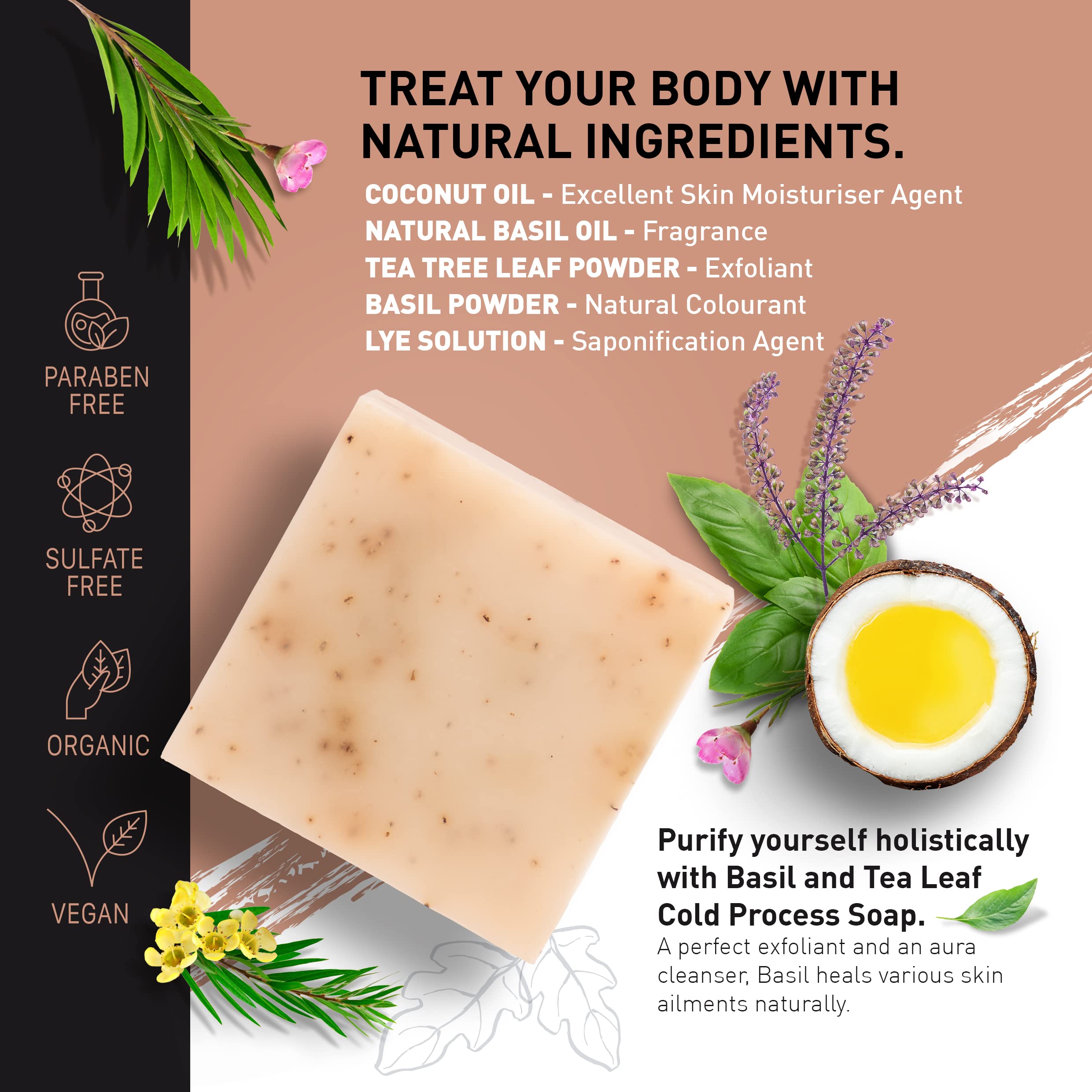 JASGUN 100% Natural Basil Tea Leaf Cold Processed Soap | Handcrafted with Basil Tea Oil | 120g Bar Soap for Face & Body | Refreshing Aromatherapy & Skin Care Gift
