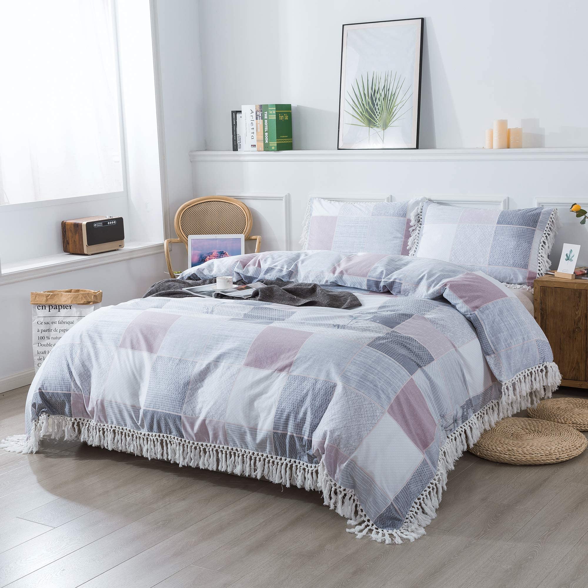Softta Luxury White Tassel Bedding Set King Size 3Pcs - 100% Cotton Geometric Plaid Duvet Cover with Decorative Tassels | Elegant Bedroom Decor for Master Suite, Guest Room & Vacation Homes