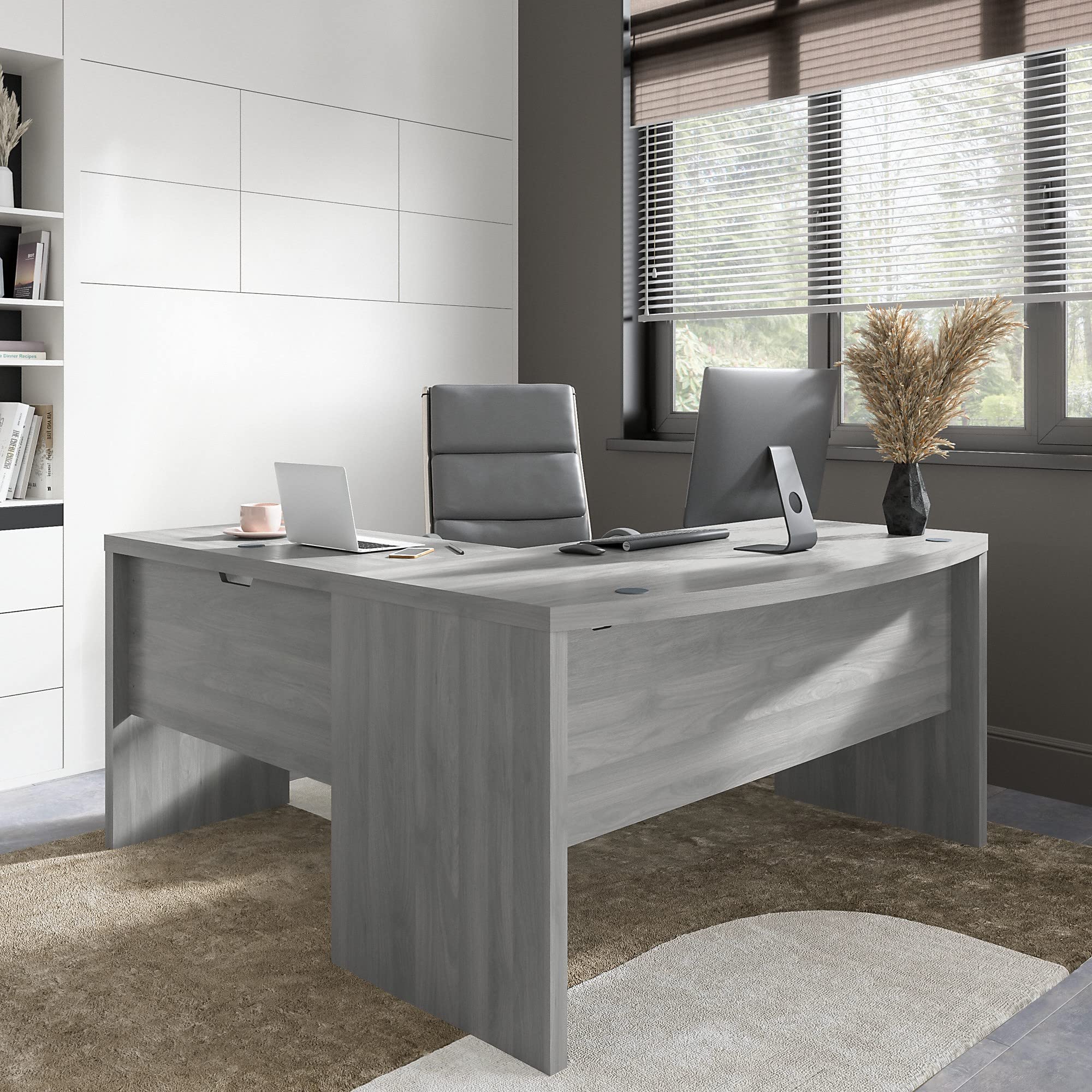 Bush Business Furniture Echo L-Shaped Bow Front Desk with High Back Executive Chair - Modern Gray Home Office Desk for Professionals & Remote Work
