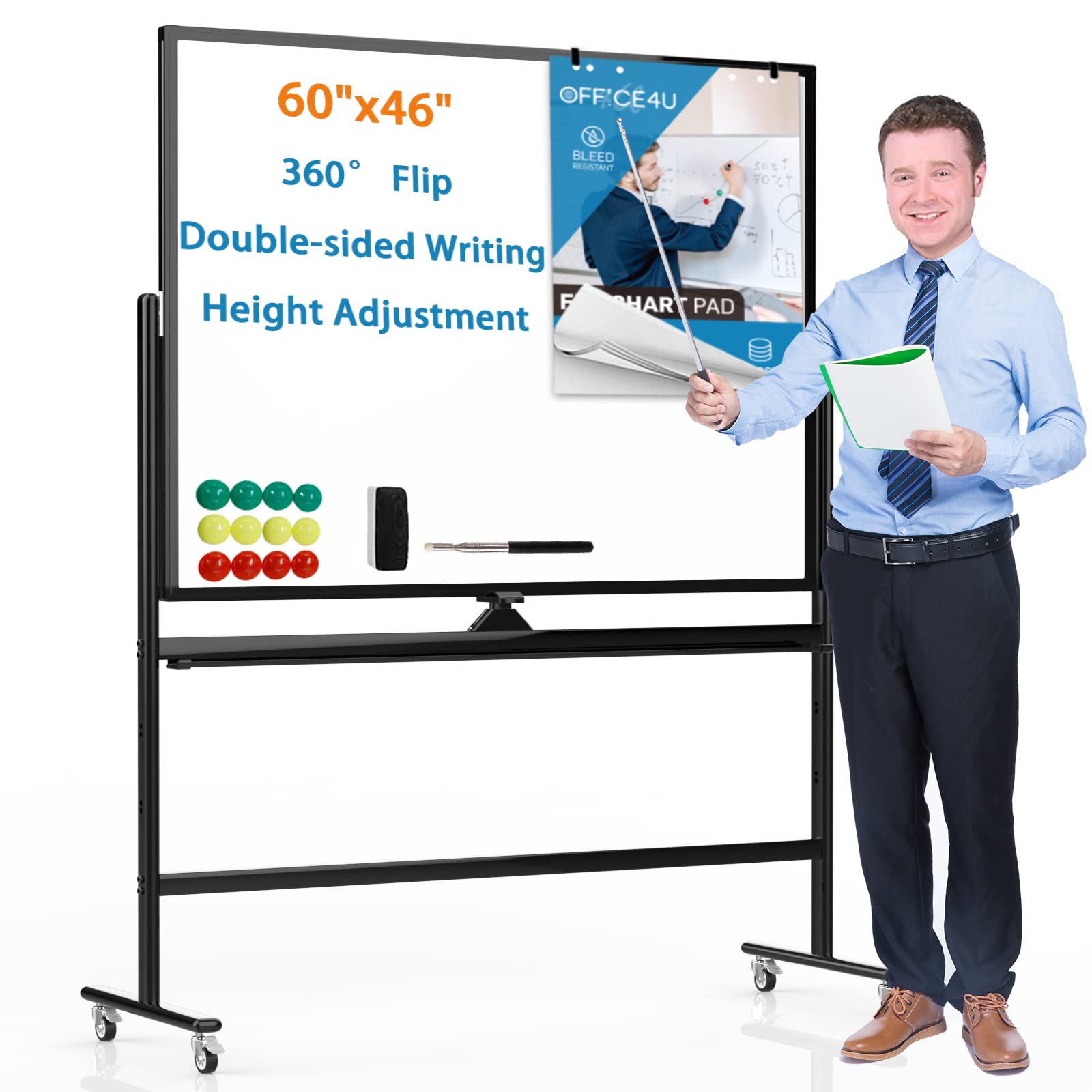 60x46 Inch Mobile Whiteboard on Wheels - Double Sided Dry Erase Board with Stand | Magnetic Rolling Whiteboard for Office, Classroom & Home | Perfect for Presentations, Teaching & Brainstorming