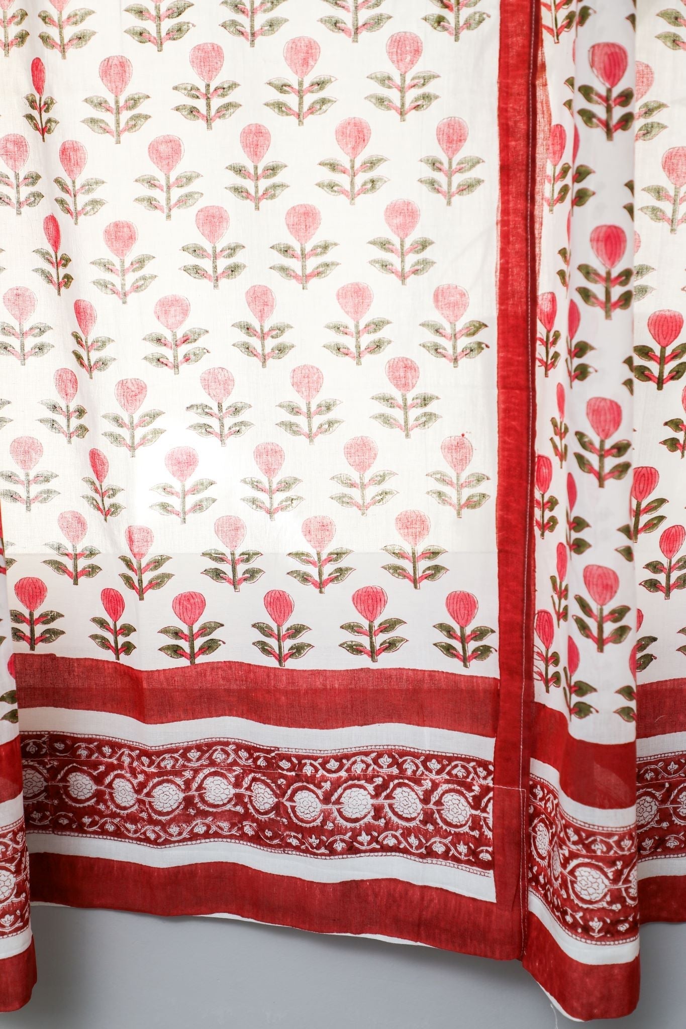 Evergreen Cherry Handblock Printed Cotton Window Curtains - Breathable Light Filtering Drapes for Living Room, Bedroom & Nursery