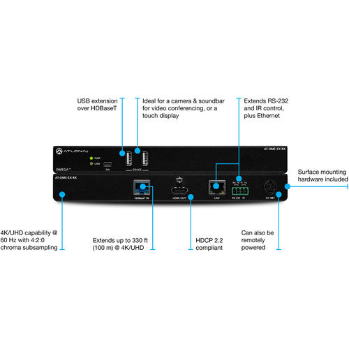 Atlona AT-OME-EX-RX Omega 4K/UHD HDMI HDBaseT Receiver with USB, Control & PoE - Perfect for Home Theater, Conference Rooms & Digital Signage