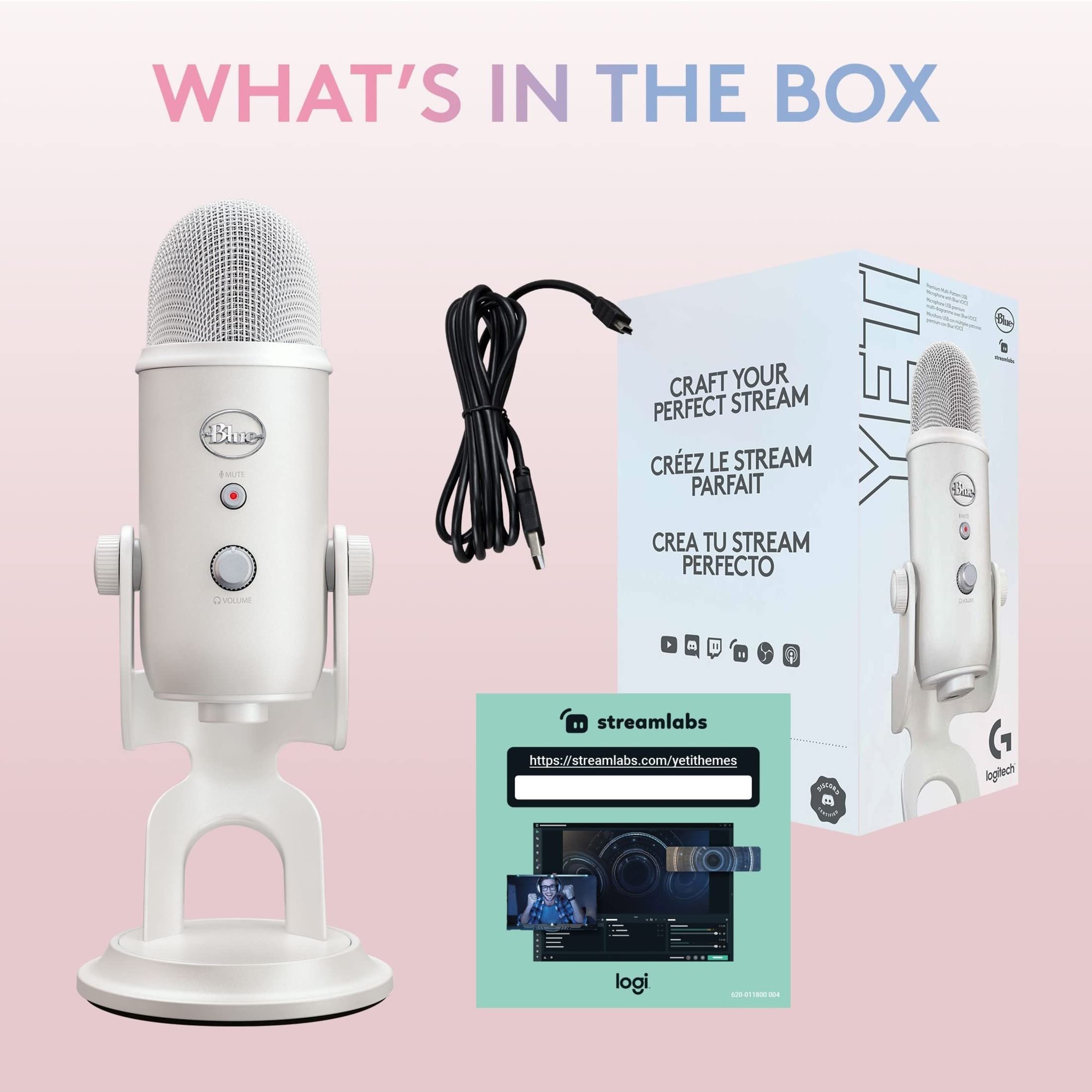 Logitech Blue Yeti Premium USB Gaming Microphone with Customizable RGB Lights - White Mist | for PC, Streaming, Podcasting, Gaming & Voice Recording | Perfect for Twitch, YouTube & Discord