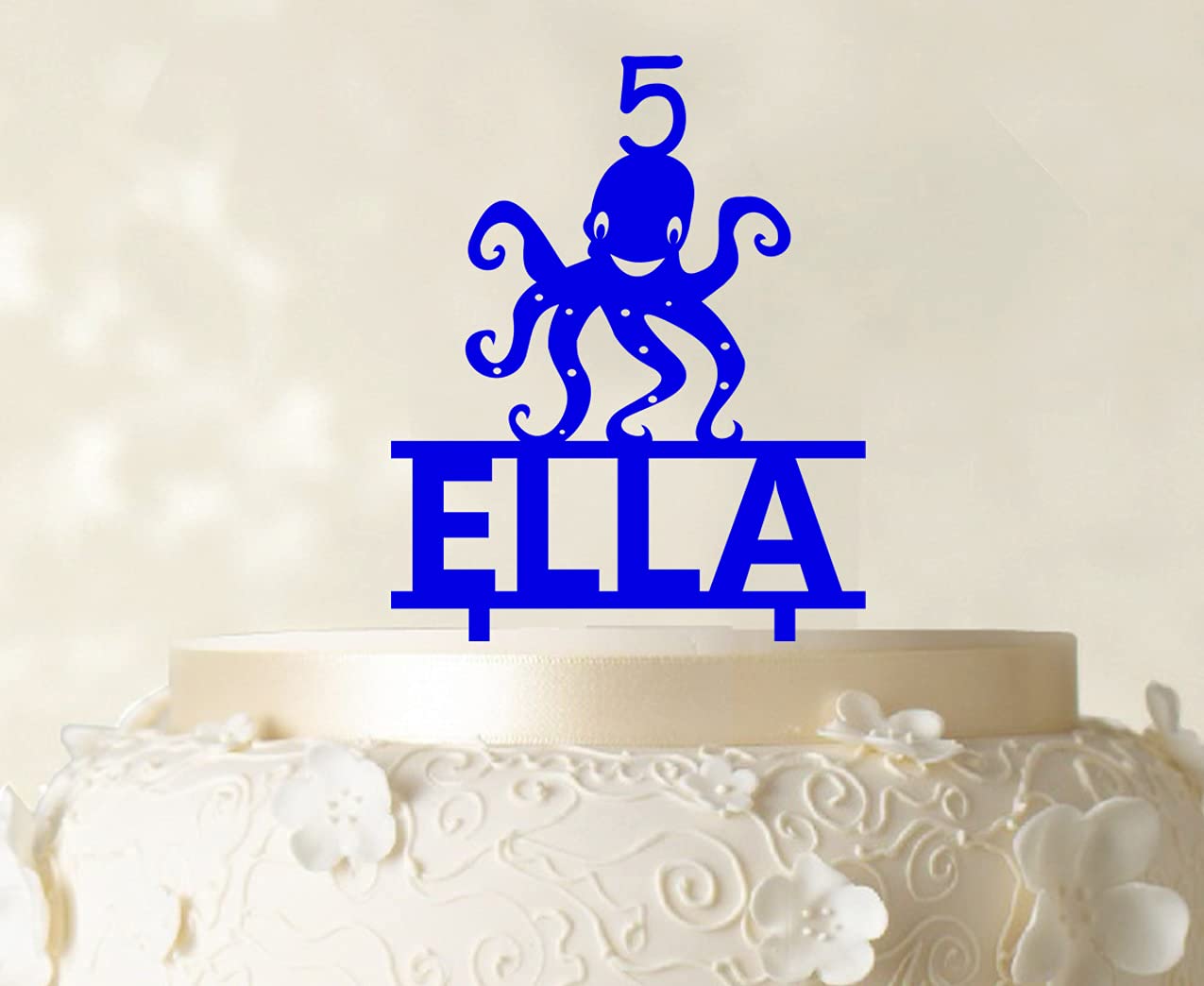 Custom Name Cake Topper with Octopus Figure - Blue Birthday Cake Decorations (6