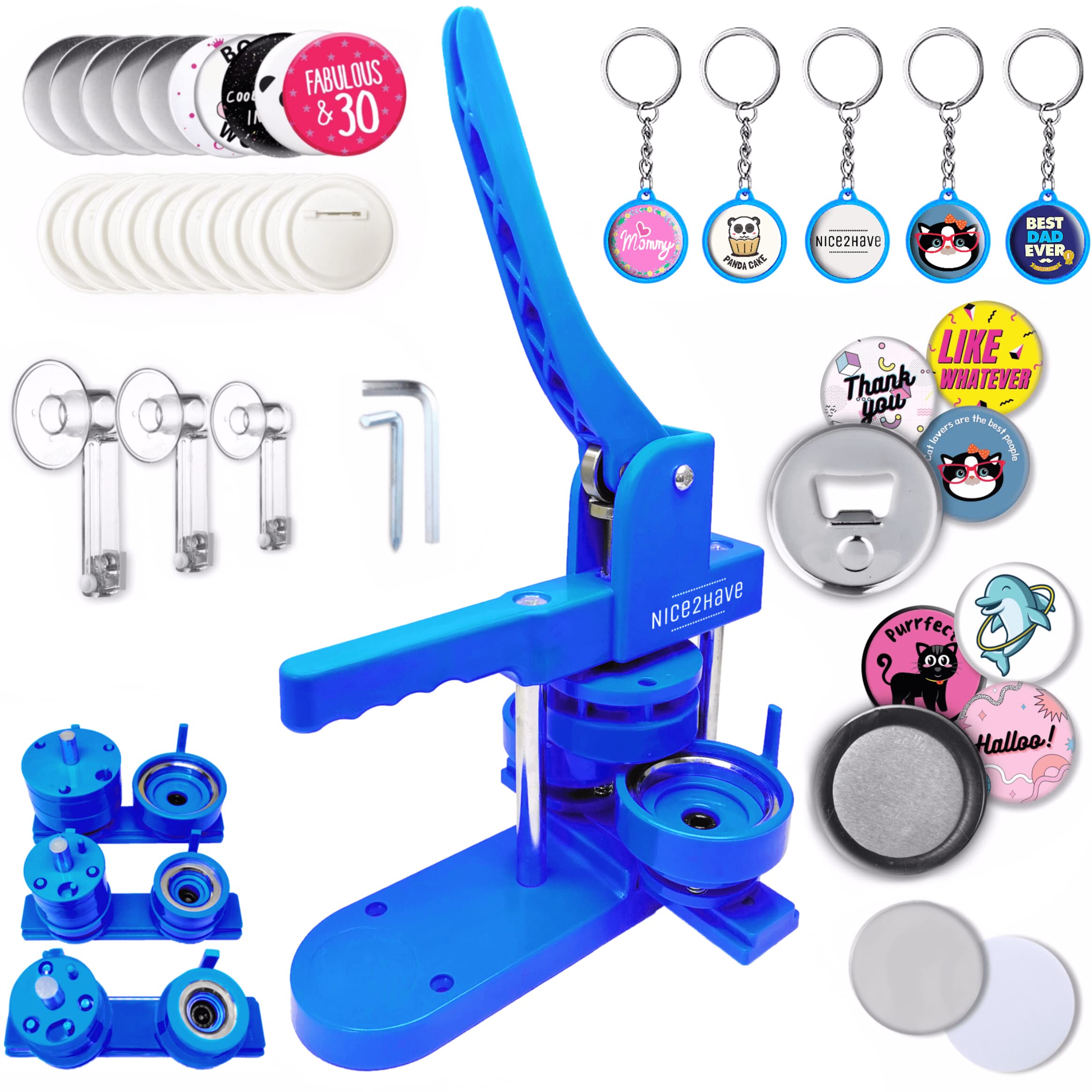 Professional Button Maker Machine Kit - 1/1.25/2.25 Inch Multiple Sizes (Includes 500 Buttons, 15 Bottle Openers, 15 Fridge Magnets, 15 Keychain Buttons, 500+ Designs & 3 Cutters) - DIY Pin Badge Press for Crafting, Events, Promotions & Fundraisers