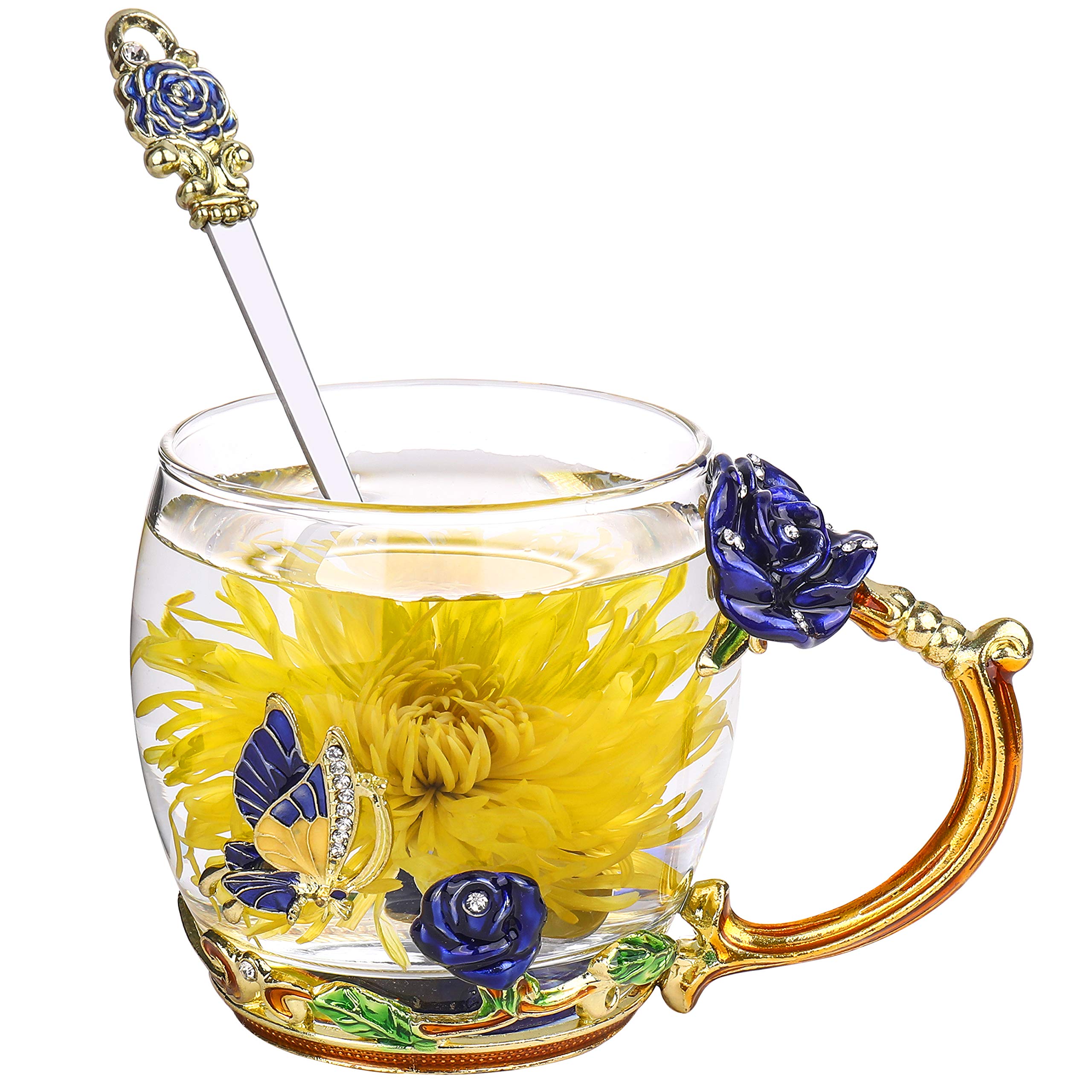 ONEPENG Enamel Handmade Butterfly Rose Glass Tea Cups with Spoon - Unique Coffee Mugs for Women, Perfect Gift Idea (Rose-Blue-Short) - Ideal for Afternoon Tea, Coffee Breaks & Home Decor