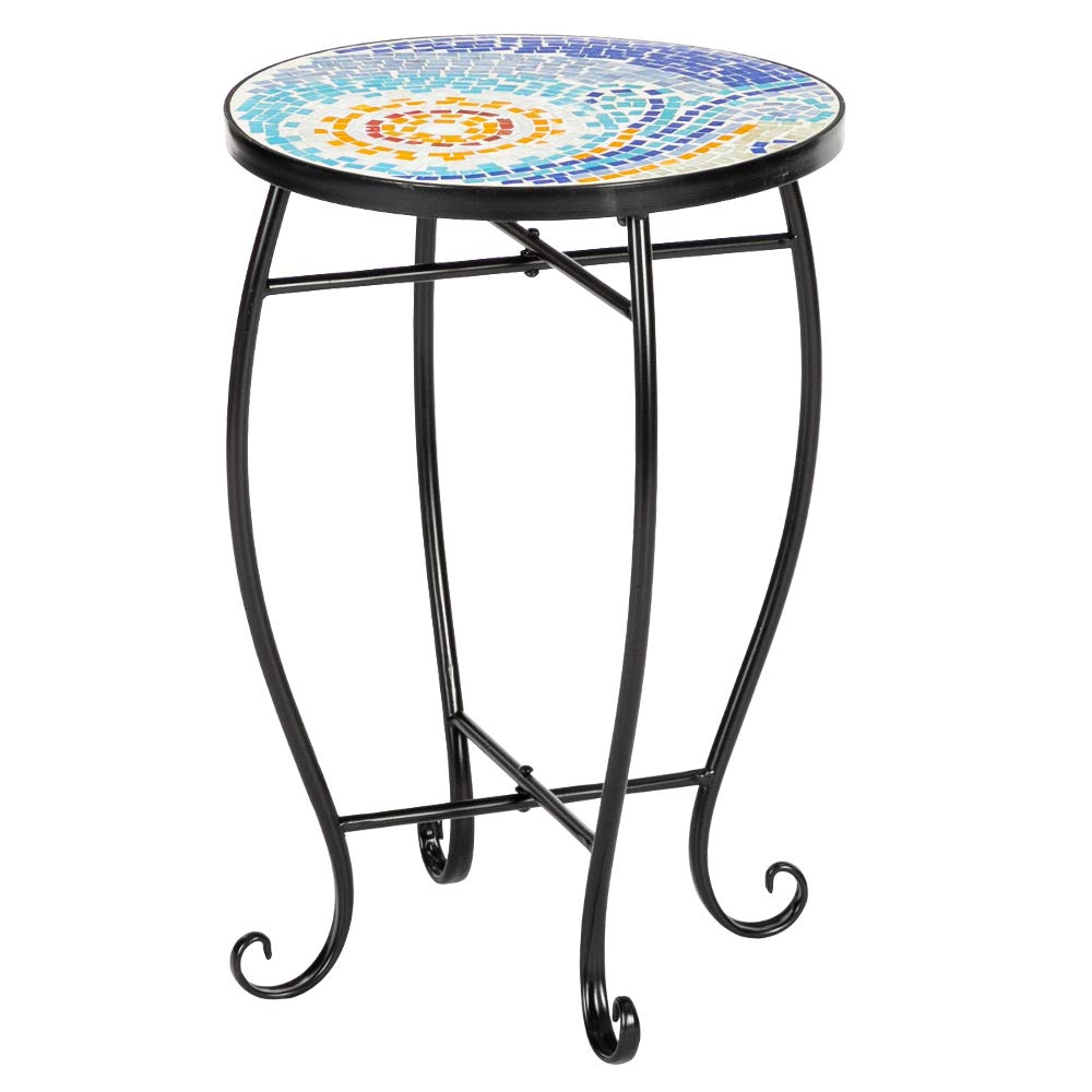 Outdoor Patio Side Table - Round Glass Accent Table for Coffee, Bistro, Porch & Balcony - Mosaic Plant Stand for Indoor & Outdoor Use - Perfect for Gardens, Living Rooms & Decorative Spaces (Color 2)