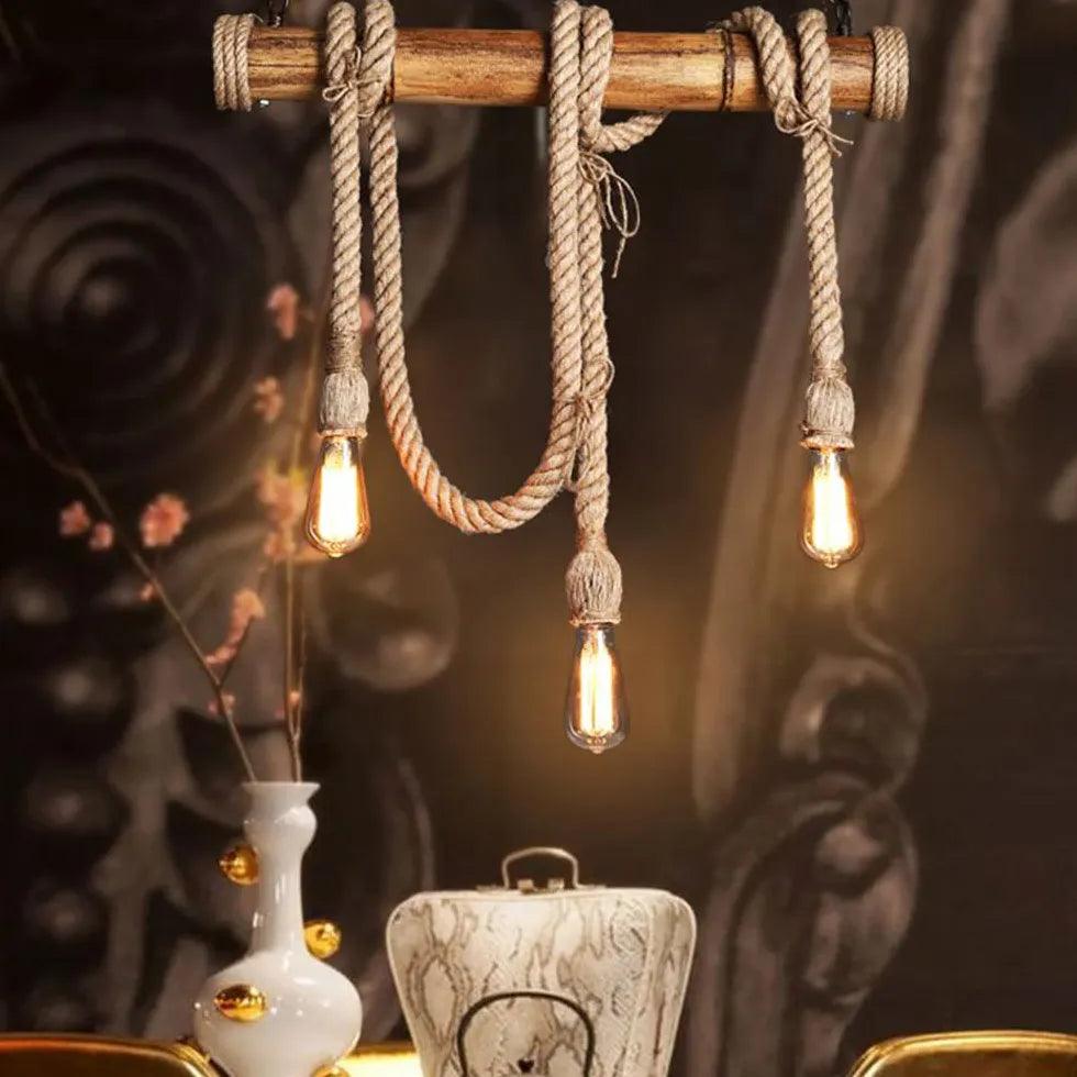 Vintage Wood Pendant Light with Rope Design - Handcrafted Industrial Style Ceiling Fixture for Dining Room, Kitchen Island or Bedroom Lighting