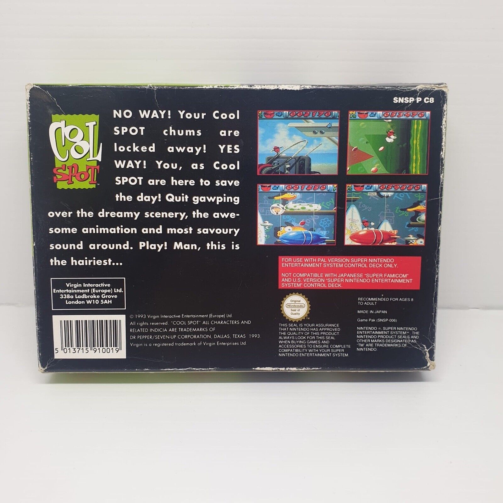 Cool Spot Super Nintendo SNES Game - Complete PAL Version in Original Box | Retro Gaming Collectible for SNES Enthusiasts | Perfect for Nostalgic Gaming Sessions and Collector's Display