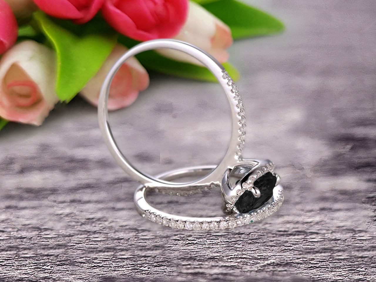 1.75 Carat Oval Cut Black Diamond Moissanite Engagement Ring Set in 10k White Gold with Matching Band - Art Deco Vintage Style Wedding Anniversary Gift for Her, Perfect for Proposals, Bridal Jewelry & Special Occasions