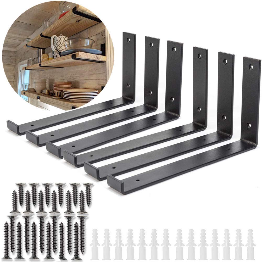 Heavy Duty Black Metal Floating Shelf Brackets 11.25 x 6 Inch - 6 Pack, L Bracket with Lip/Hook for Wood Shelves, Wall Corner Brace - Perfect for Home Office, Kitchen, Bathroom & Garage Storage Organization