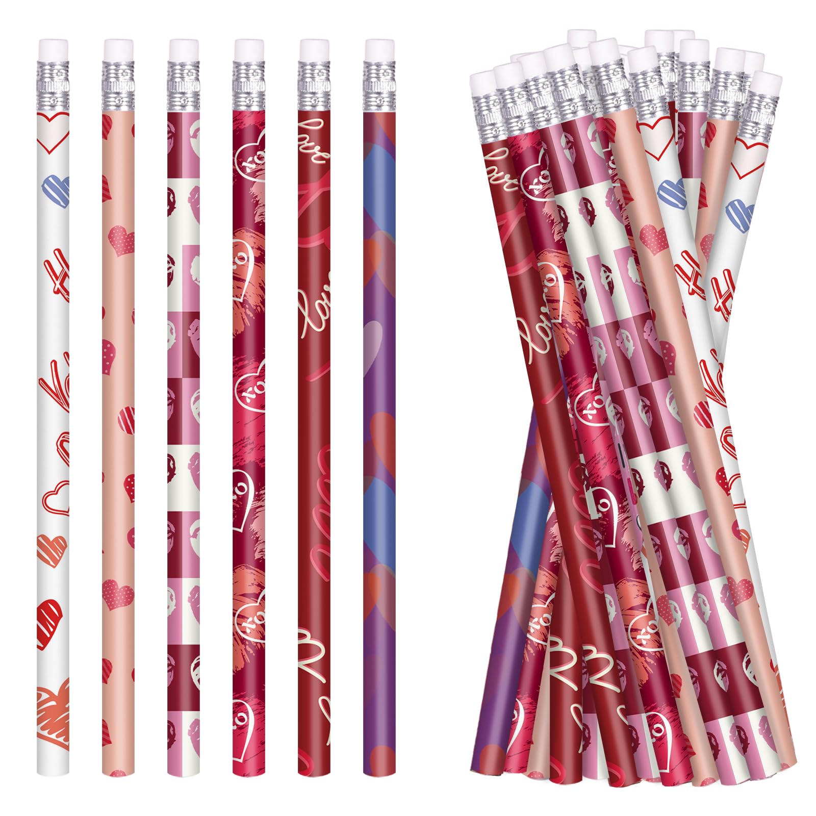 Valentine's Day Wood Pencils Bulk Pack with Erasers - 24 Count (6 Styles) for Classroom Parties, School Supplies & Holiday Gifts - Perfect for Valentine's Exchange, Teacher Appreciation & Student Rewards