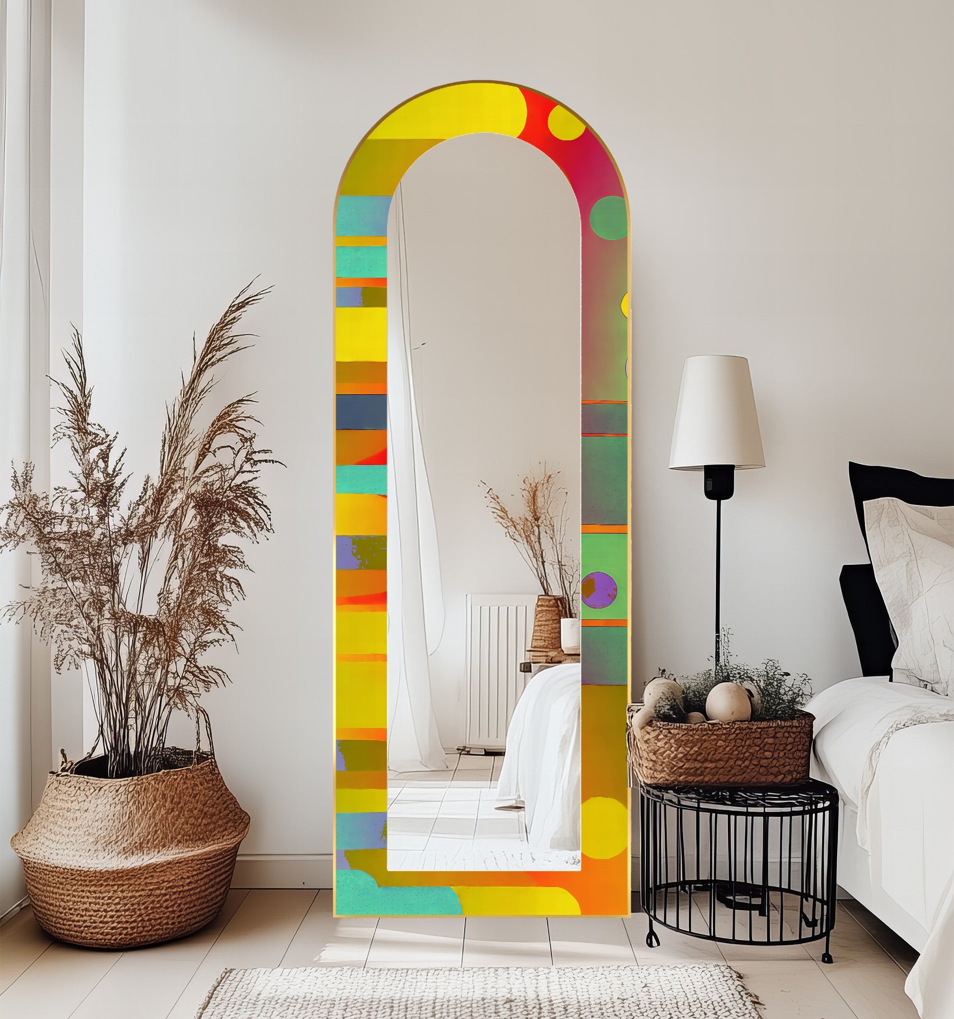 Abstract Circle and Stripe Full Length Floor Mirror - Modern Decorative Wall Mirror for Bedroom, Living Room & Entryway