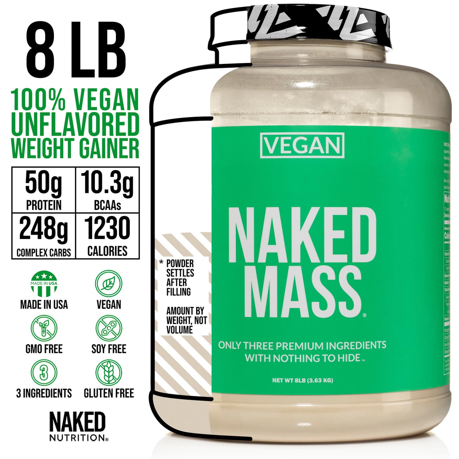 Naked Vegan Mass - Natural Vegan Weight Gainer Protein Powder, 8Lb Bulk | GMO Free, Gluten Free, Soy Free & Dairy Free | 1,230 Calories, 11 Servings - Perfect for Post-Workout Recovery & Muscle Building