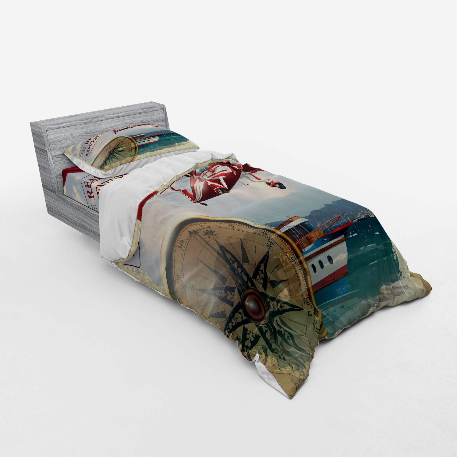 Ambesonne Adventure Duvet Cover Set - Travel Themed 3 Piece Bedding with Sham & Fitted Sheet, Twin Size, Multicolor Coastal Design Featuring Red Airplane Journey - Perfect for Kids' Rooms, Vacation Homes & Adventure-Themed Bedrooms