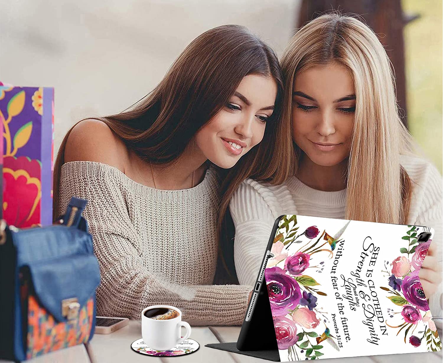 Premium iPad Case for 9.7 Inch Models (iPad 6th/5th Gen, Pro 9.7, Air 2 & Air) with Christian Bible Verse Design - Proverbs 31:25 Hummingbird & Watercolor Flowers in Pink & Purple - Perfect for Work, Study & Church
