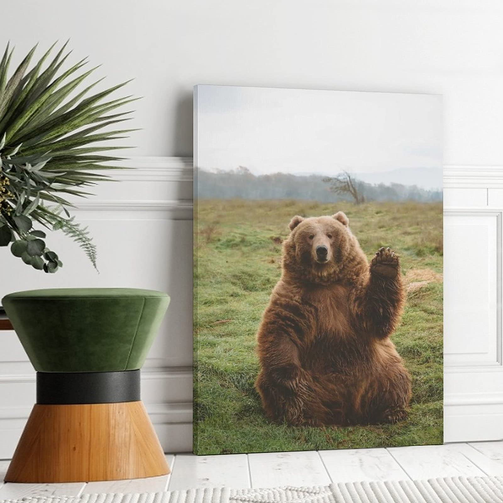 Chubby Naive Grizzly Bear Waving Canvas Wall Art - 24x36 Inch Nature Wildlife Poster for Living Room, Bedroom & Office Decor - Perfect Gift for Animal Lovers & Home Decoration