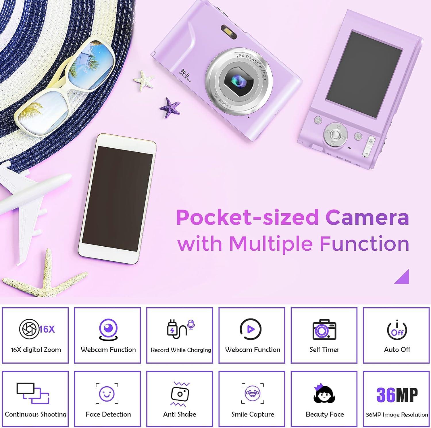 FamBrow Digital Camera 1080P FHD 36MP - Compact Vlogging Camera for Kids, Teens & Beginners | Portable Mini Camera for Travel, YouTube Videos & Everyday Photography (Violet)