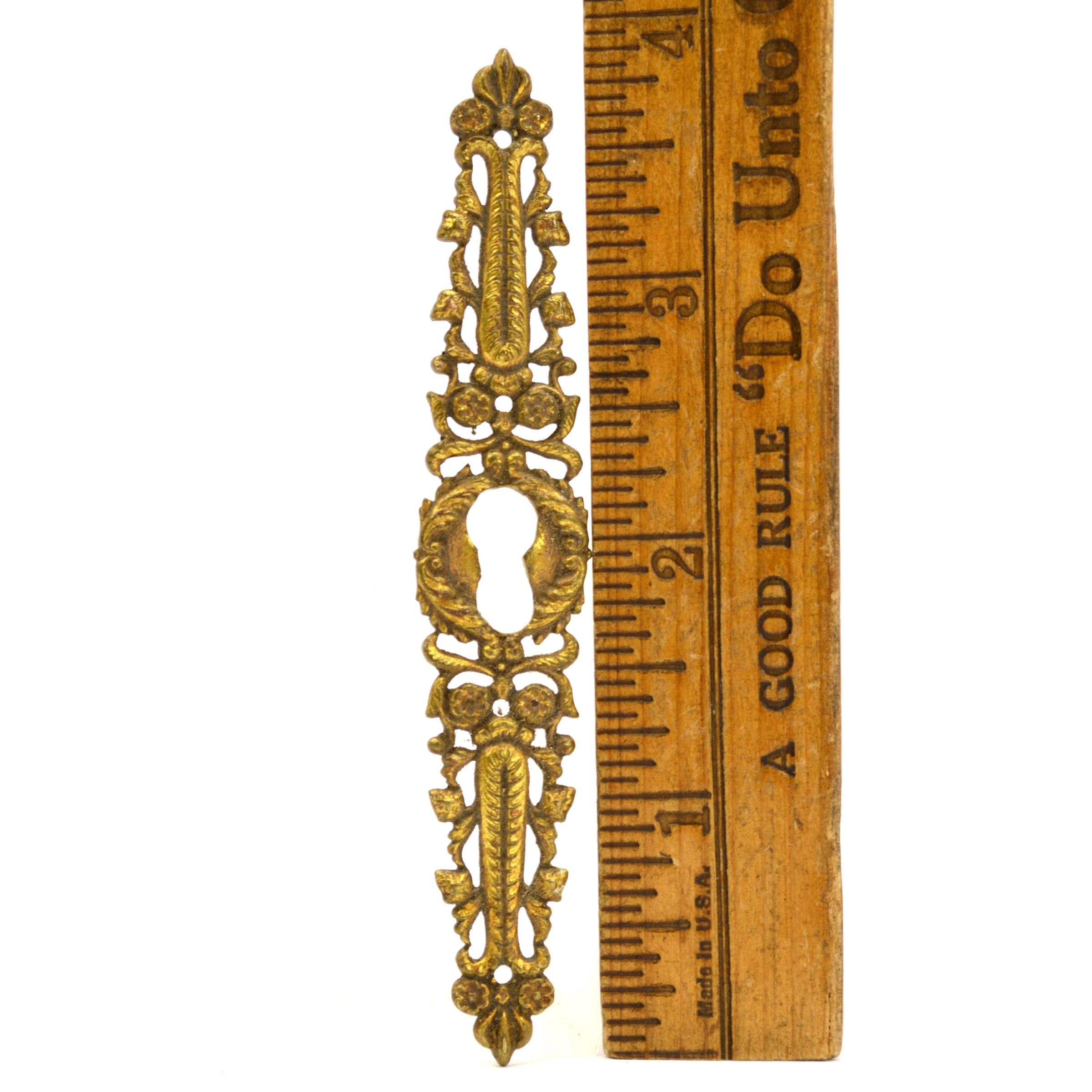Antique Brass/Bronze Escutcheon 3 7/8 Inch Vertical Keyhole Cover - French Style Exquisite Door Plate for Vintage Home Decor | Perfect for Cabinet, Furniture & Door Hardware Restoration