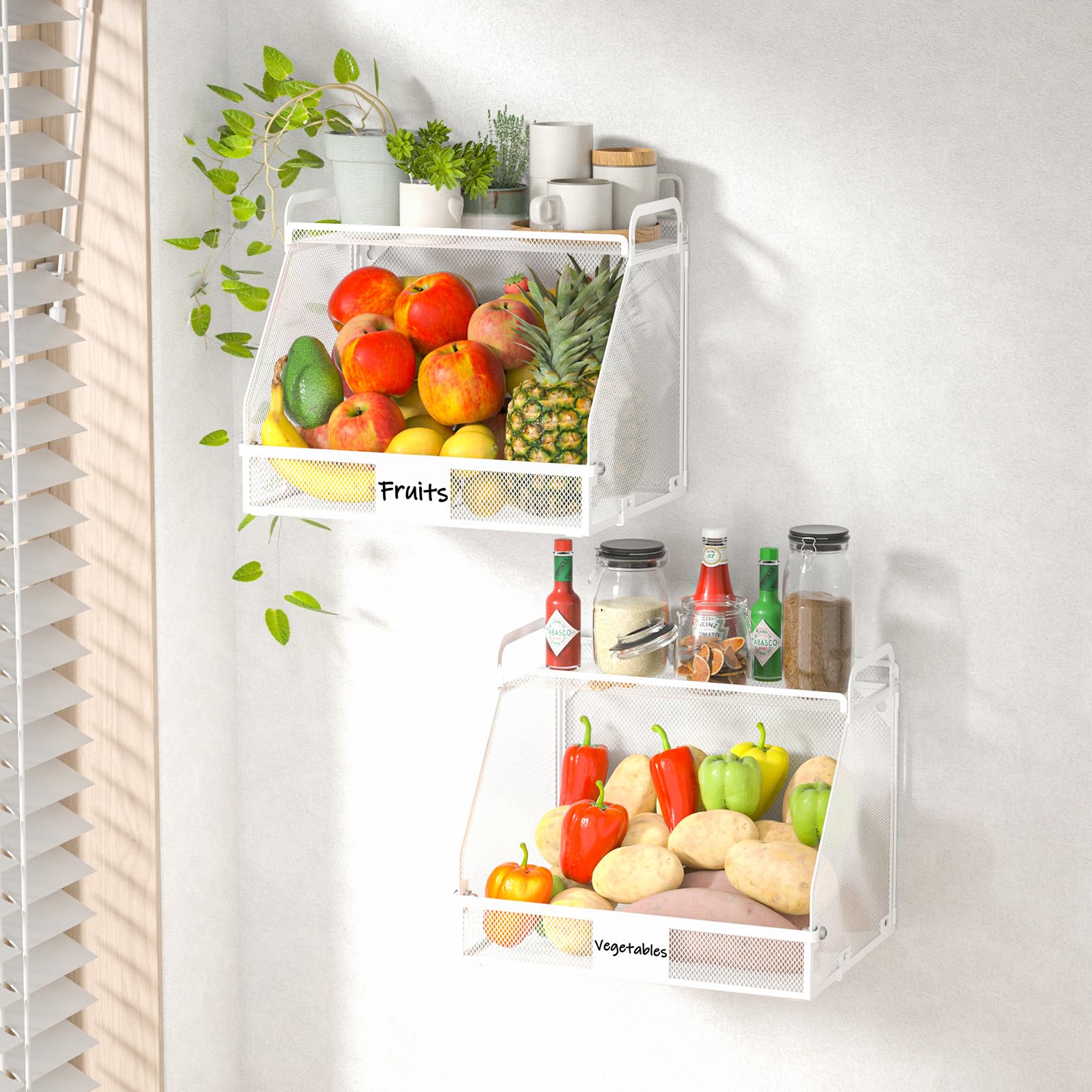 2 Pack Stackable Hanging Fruit Baskets - Kitchen Storage for Onions, Potatoes & Vegetables (Wall Mount Pantry Organizer)