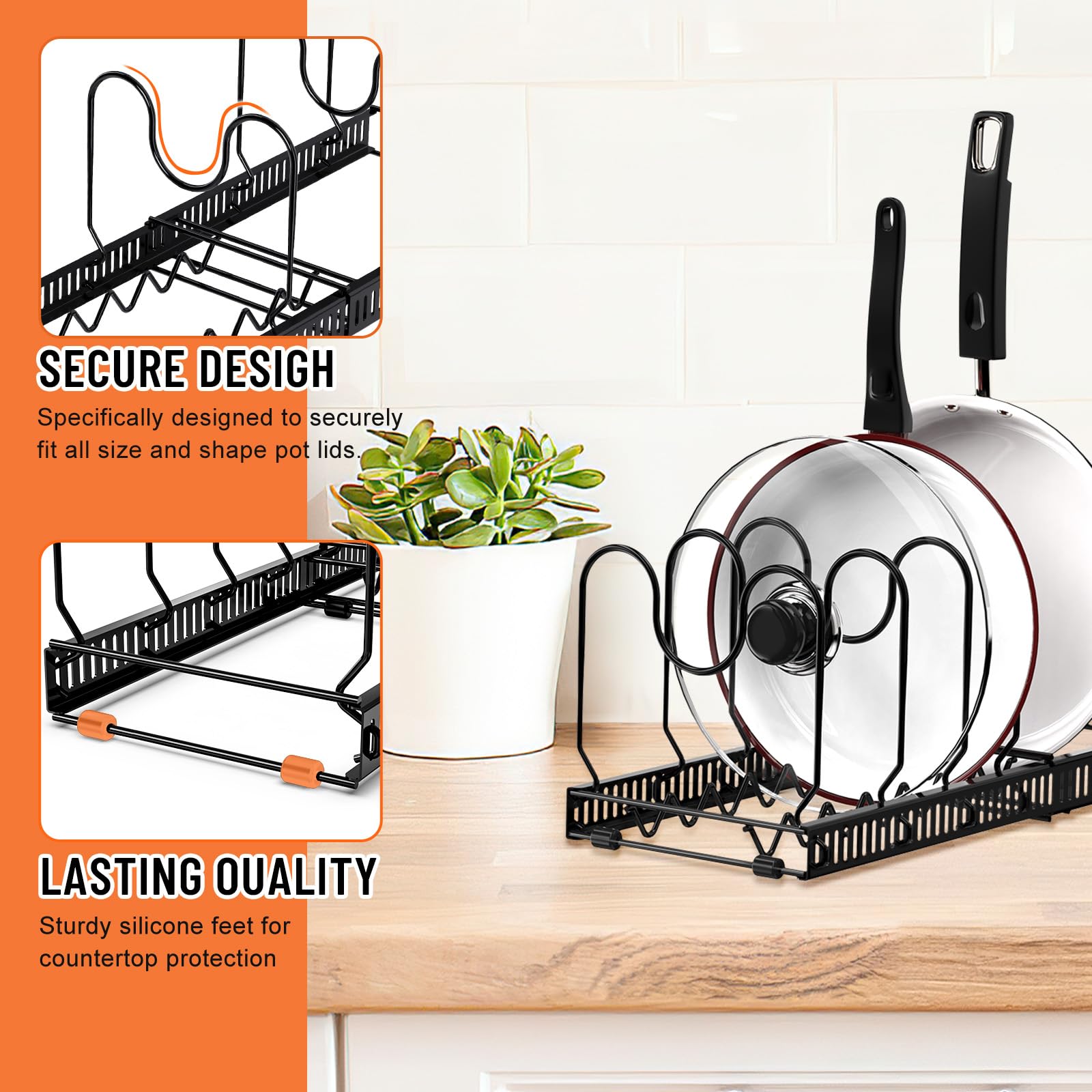 AHNR Expandable Kitchen Cabinet Organizer - Adjustable Pot and Pan Rack with 10+ Compartments, Lid Holder for Cookware Storage (Black) - Perfect for Pantry, Bakeware & Small Space Organization