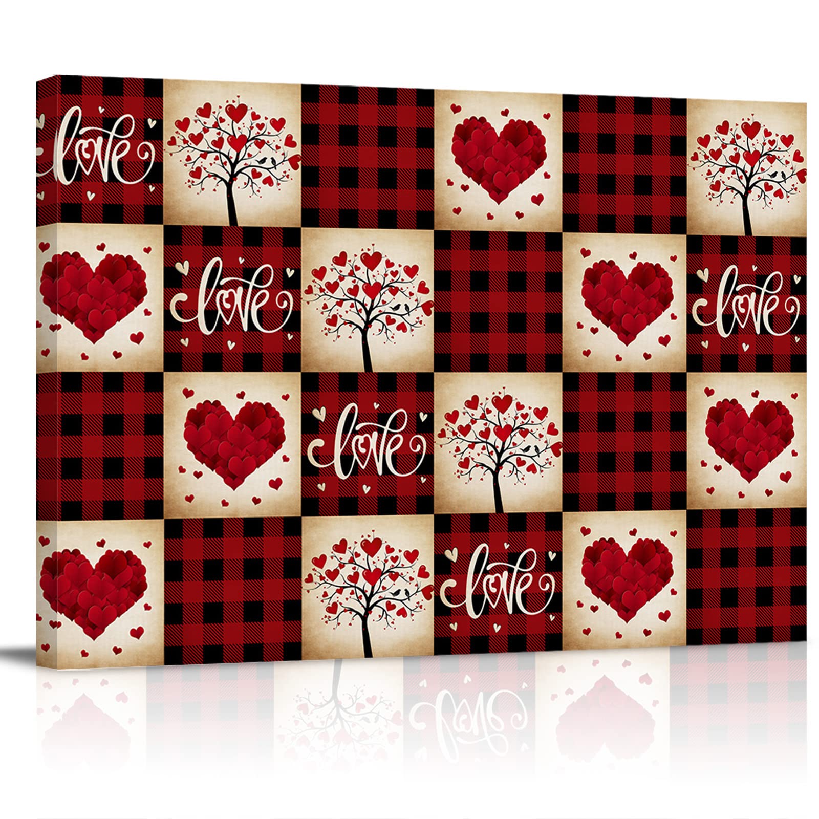 Valentine's Day Framed Canvas Wall Art - Red Buffalo Plaid Heart Design for Home, Office, Bedroom & Bathroom Decor - Ready to Hang 36x24 Inch - Perfect for Romantic Gifts & Farmhouse Style Interior Decoration