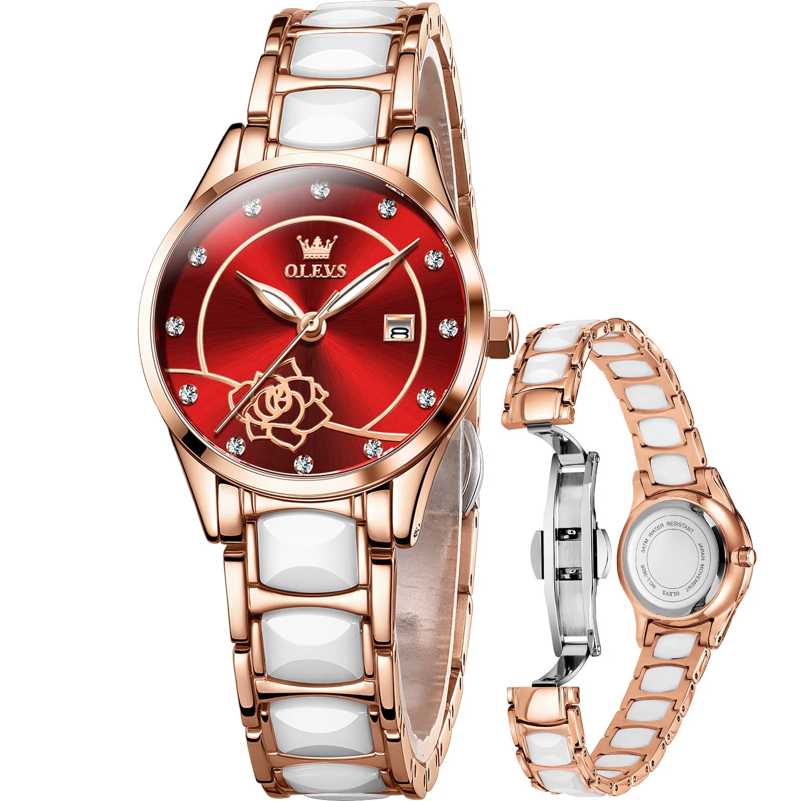 OLEVS Women's Two-Tone Stainless Steel Diamond Dress Watch - Adjustable Luxury Analog Quartz Watch with Date Display | Perfect for Business, Formal Events & Everyday Elegance