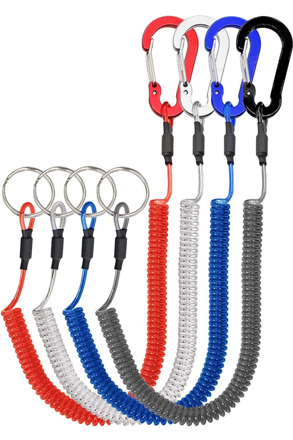 Stretchy Coiled Lanyards for Keys, Tools & Fishing Equipment - 4/6pcs Set (Black, Blue, Green, Red, Yellow, Silver) | Secure Kayak Gear, Pliers & Everyday Essentials | Perfect for Outdoor Activities, Work & Home Organization