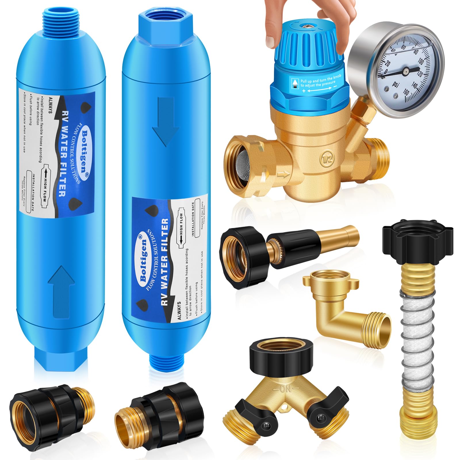 Boltigen RV Water Pressure Regulator Kit with Inline Filter - 3/4