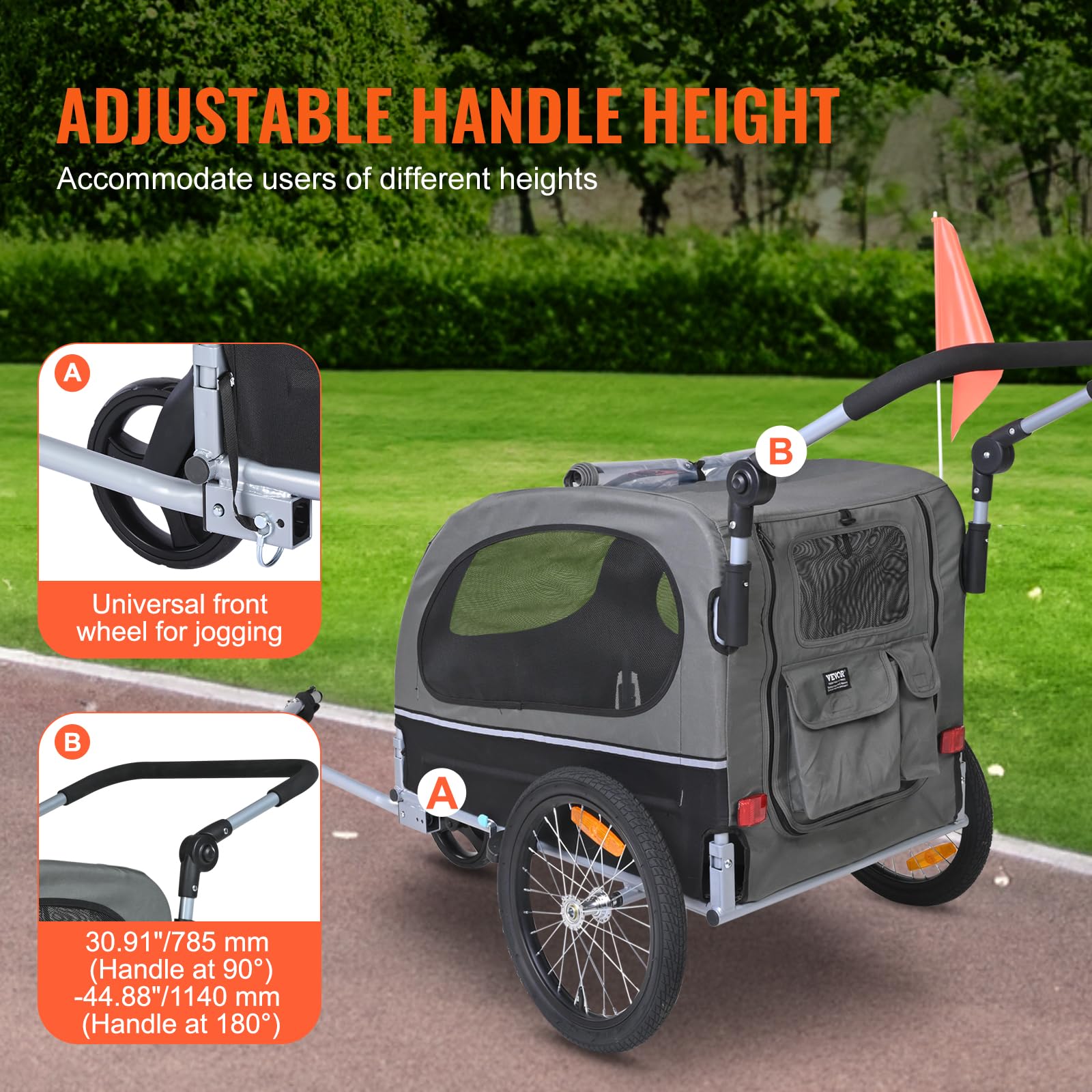 VEVOR 2-in-1 Dog Bike Trailer & Pet Stroller - Heavy Duty 88 lbs Capacity Bicycle Carrier for Large Dogs - Foldable Frame with Quick Release Wheels, Universal Coupler, Safety Reflectors & Flag (Black/Gray) - Perfect for Cycling Adventures, Park Visits & Outdoor Activities with Your Pet