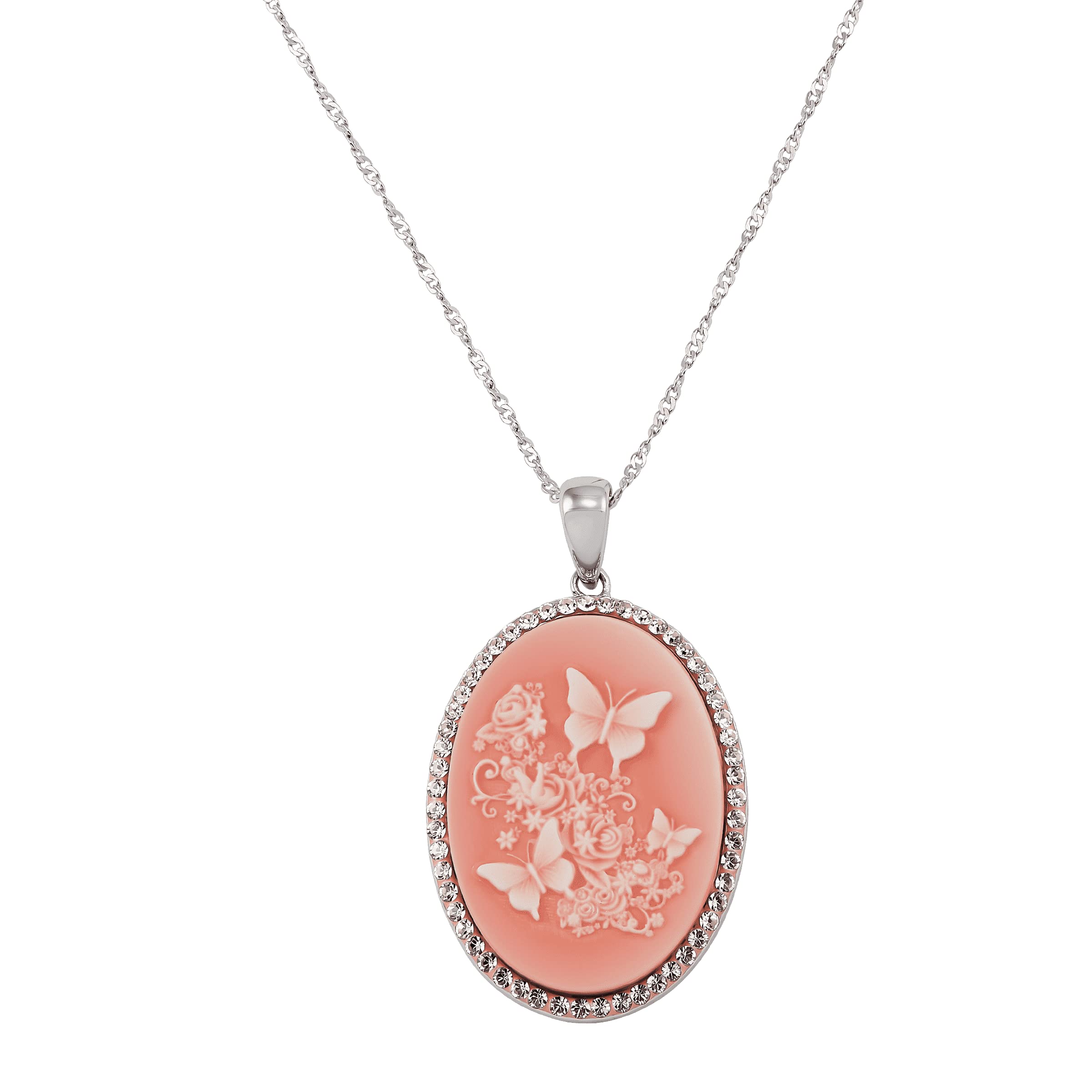 Sterling Silver Butterfly Cameo Necklace with Crystals - Elegant Jewelry for Women