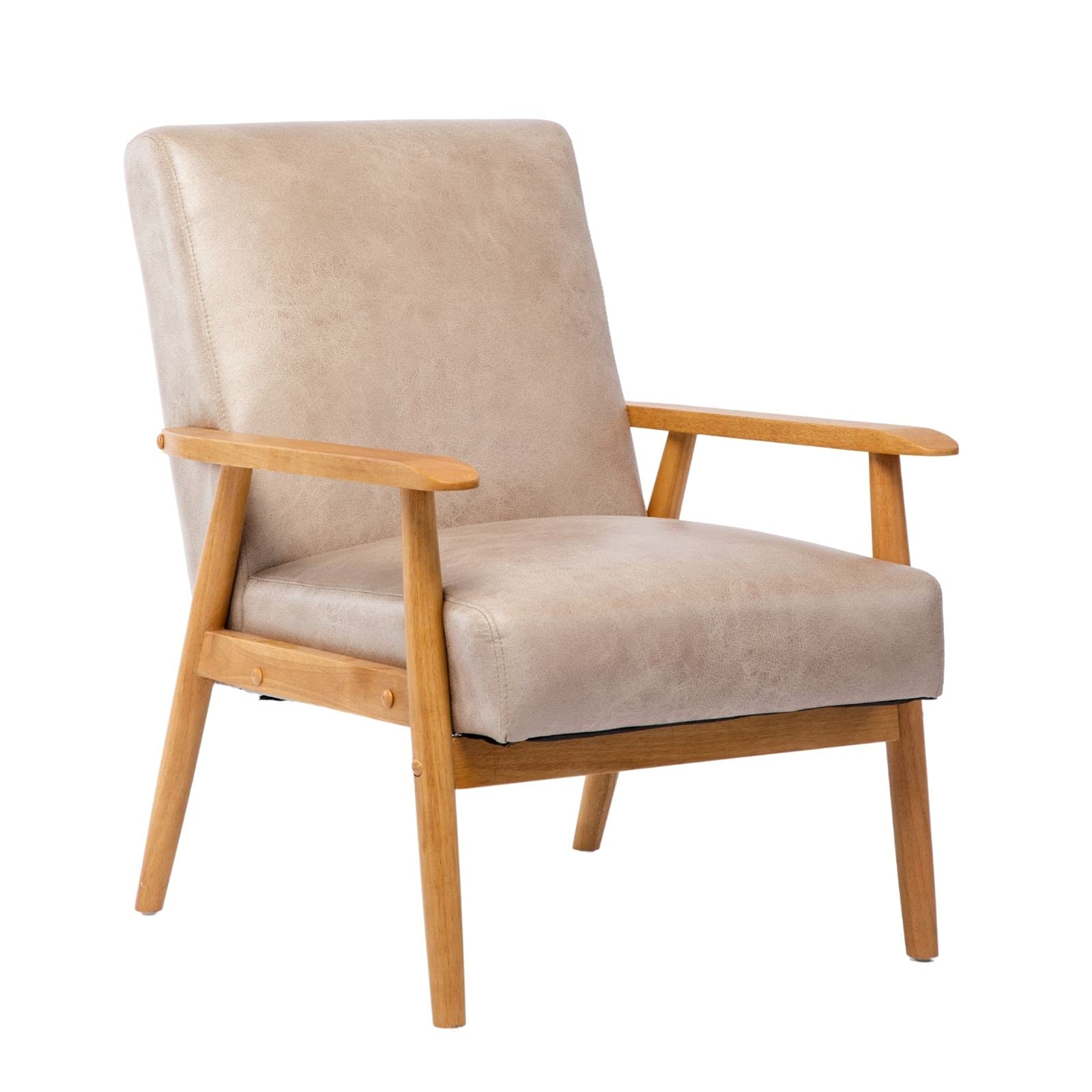 Freemax Mid Century Modern Accent Armchair - Wood & Leather Lounge Chair with Suede Cushion & Soft Sponge - Comfortable Reading Chair for Living Room, Bedroom, Home Office - Beige - Perfect for Relaxing, Reading & Coffee Time