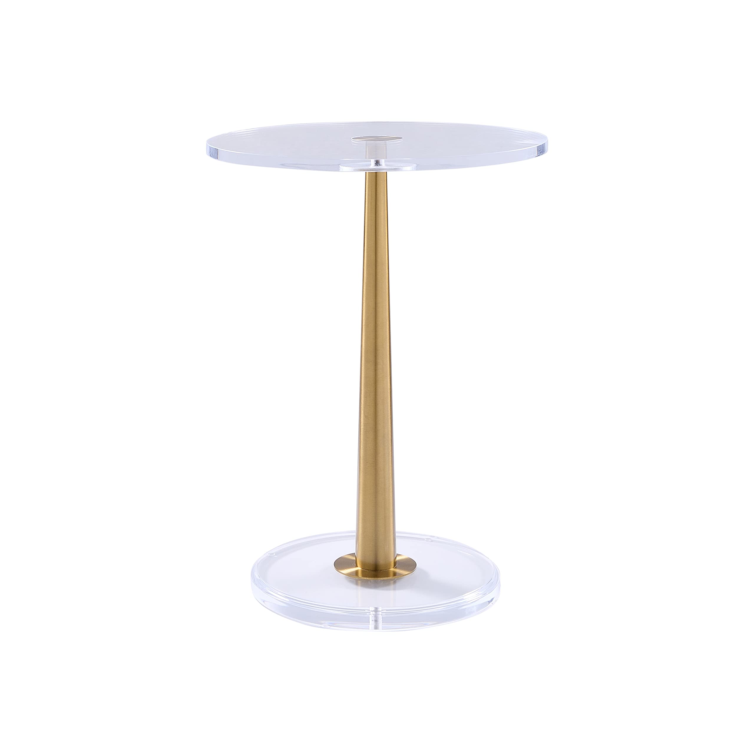 Small Clear Acrylic Table with Brushed Gold Cone Metal Pole - Modern Side Table for Living Room, Bedroom, or Office Decor