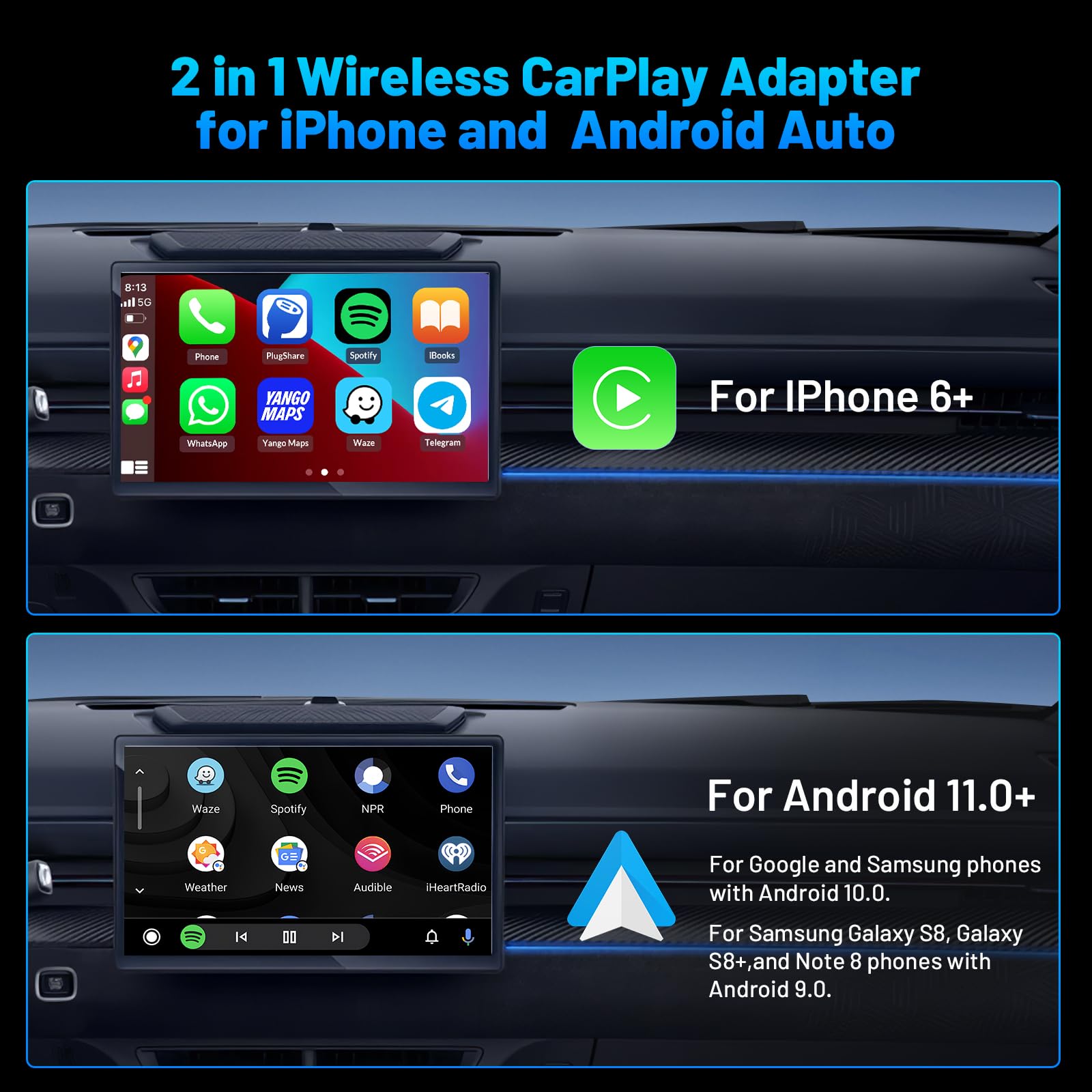 2-in-1 Wireless Adapter for Android Auto & Apple CarPlay - Plug & Play Wi-Fi 6 & Bluetooth 5.2 - Compatible with iPhone 6+/Android 11+ - USB-A/Type-C Included - Perfect for Hands-Free Driving & Seamless Music Streaming