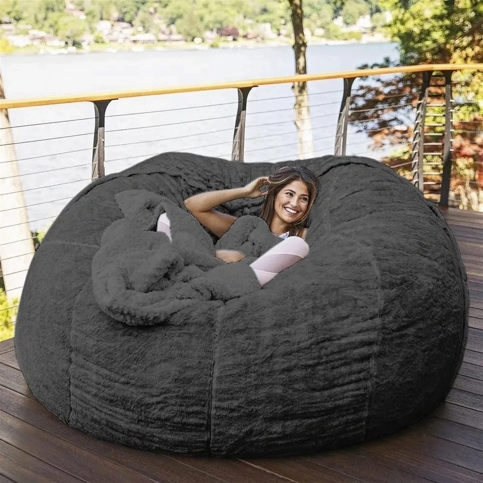7ft XXL Giant Fluffy Faux Fur Bean Bag Chair Cover - Washable Soft Jumbo Sack Chair for Dorm, Living Room & Bedroom (Only Cover, No Filler) - Perfect for Movie Nights, Gaming & Relaxation (Black)
