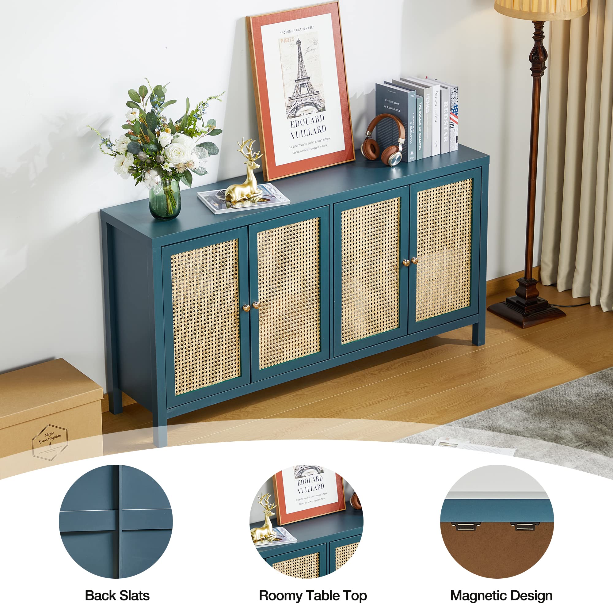 QHITTY Rattan Sideboard Buffet Cabinet - 4 Door Storage Console Table with Adjustable Shelves for Kitchen, Dining & Living Room | Blue Accent Cabinet for Hallway Decor & Home Organization