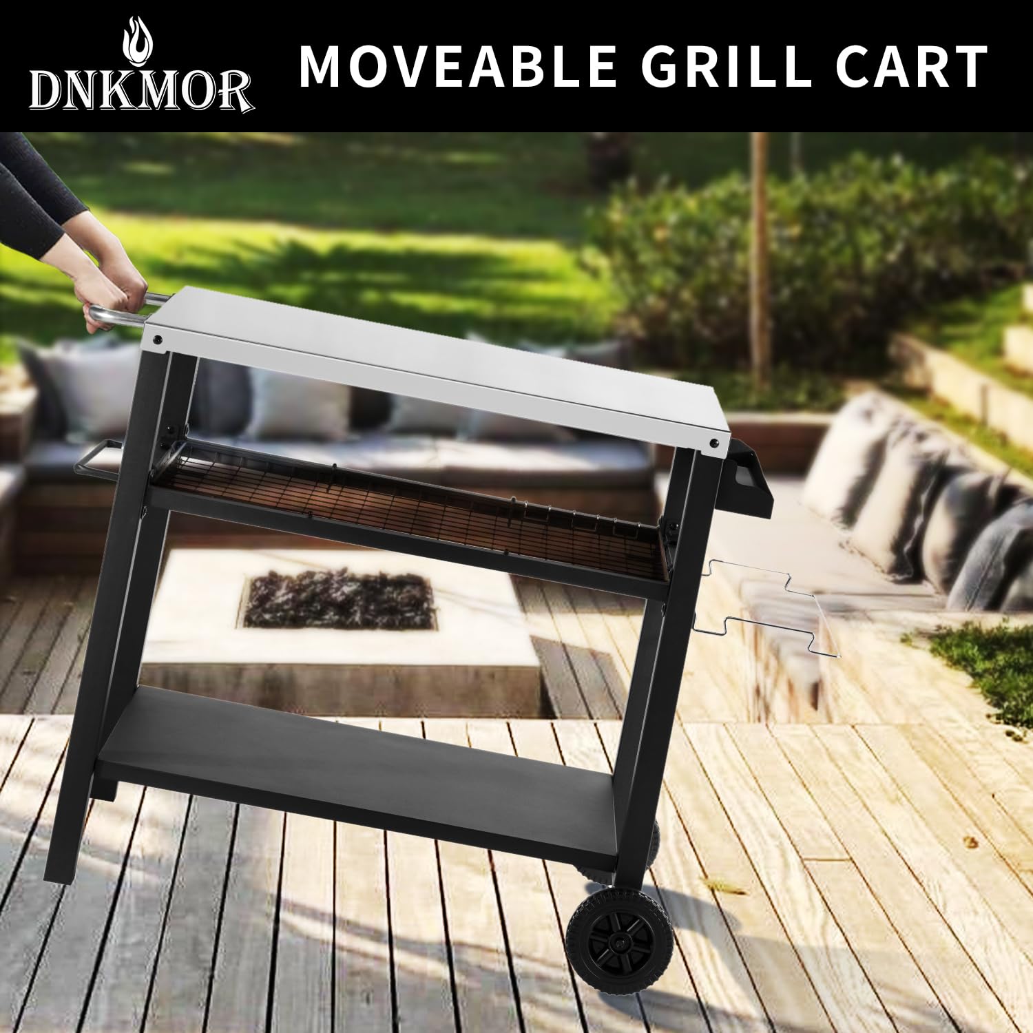 **3-Tier Rolling Kitchen Cart - Portable Outdoor BBQ Grill Table, Pizza Oven Stand with Hooks - Multifunctional Food Prep Island for Indoor & Outdoor Use (Silver) - Perfect for Patio, Picnic & Camping**