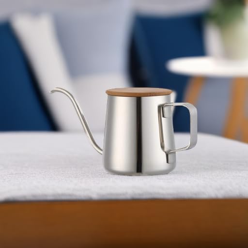 Premium 12oz/350ml Stainless Steel Gooseneck Pour Over Coffee Kettle - Long Narrow Spout for Precise Pouring - Wooden Lid - Perfect for Specialty Coffee Brewing & Tea Making at Home or Cafe
