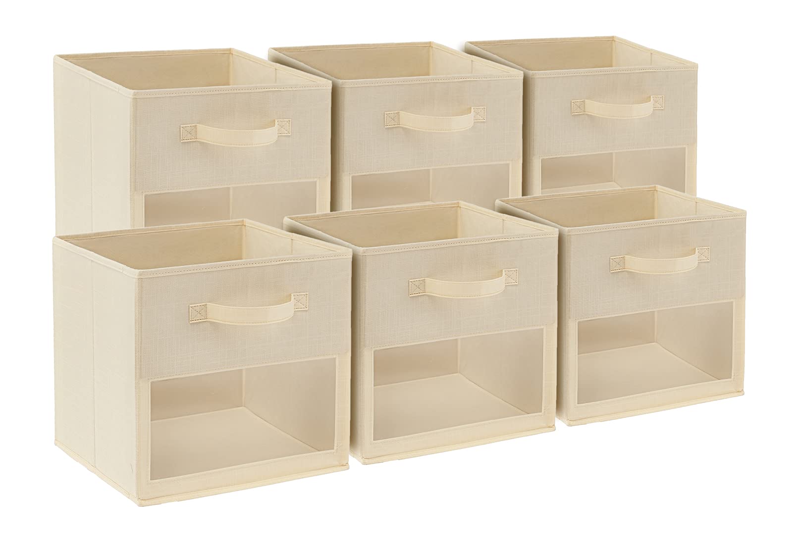 SUOCO 6 Pack Foldable Cube Storage Bins with Clear Window - Fabric Baskets for Shelf, Closet, Nursery & Kids Room Organization - Beige Home Decor Storage Solution for Toys, Books & Clothes
