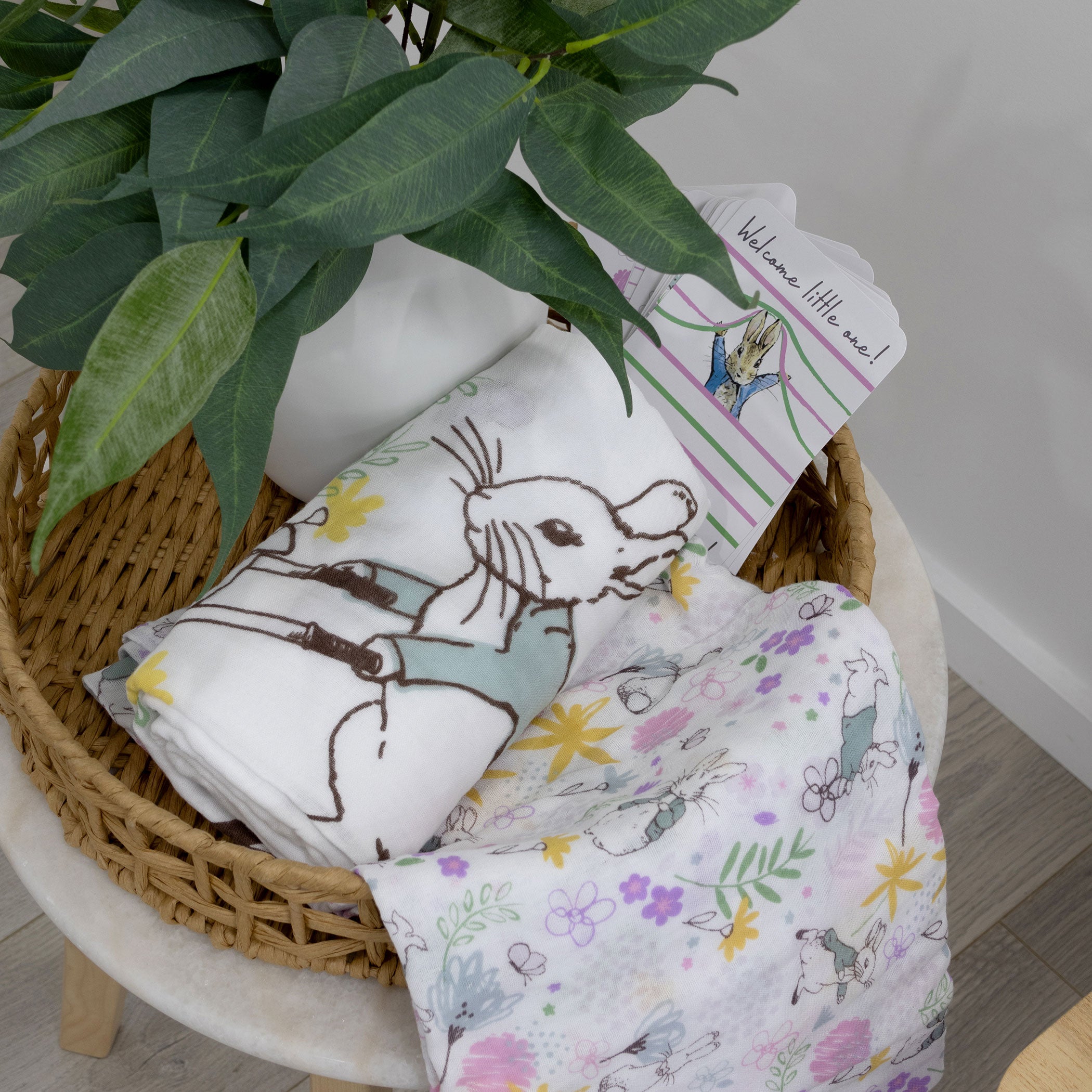 Peter Rabbit 'New Adventure' 2-Pack Muslin Swaddle Blankets & Baby Milestone Cards Set - Pink | Soft Cotton Baby Shower Gift for Newborns, Photography Props & Nursery Essentials