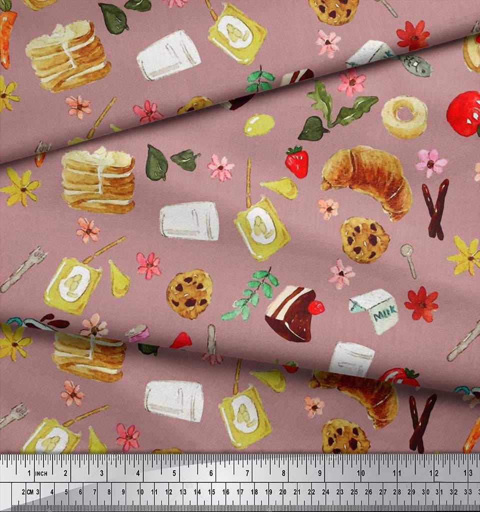 Soimoi 42 Inch Wide Pink Silk Fabric by The Yard - Fruits, Bread & Donut Printed Textile for Dresses, Scarves & DIY Crafts - Fresh Colorful Food Pattern Material for Fashion Sewing Projects