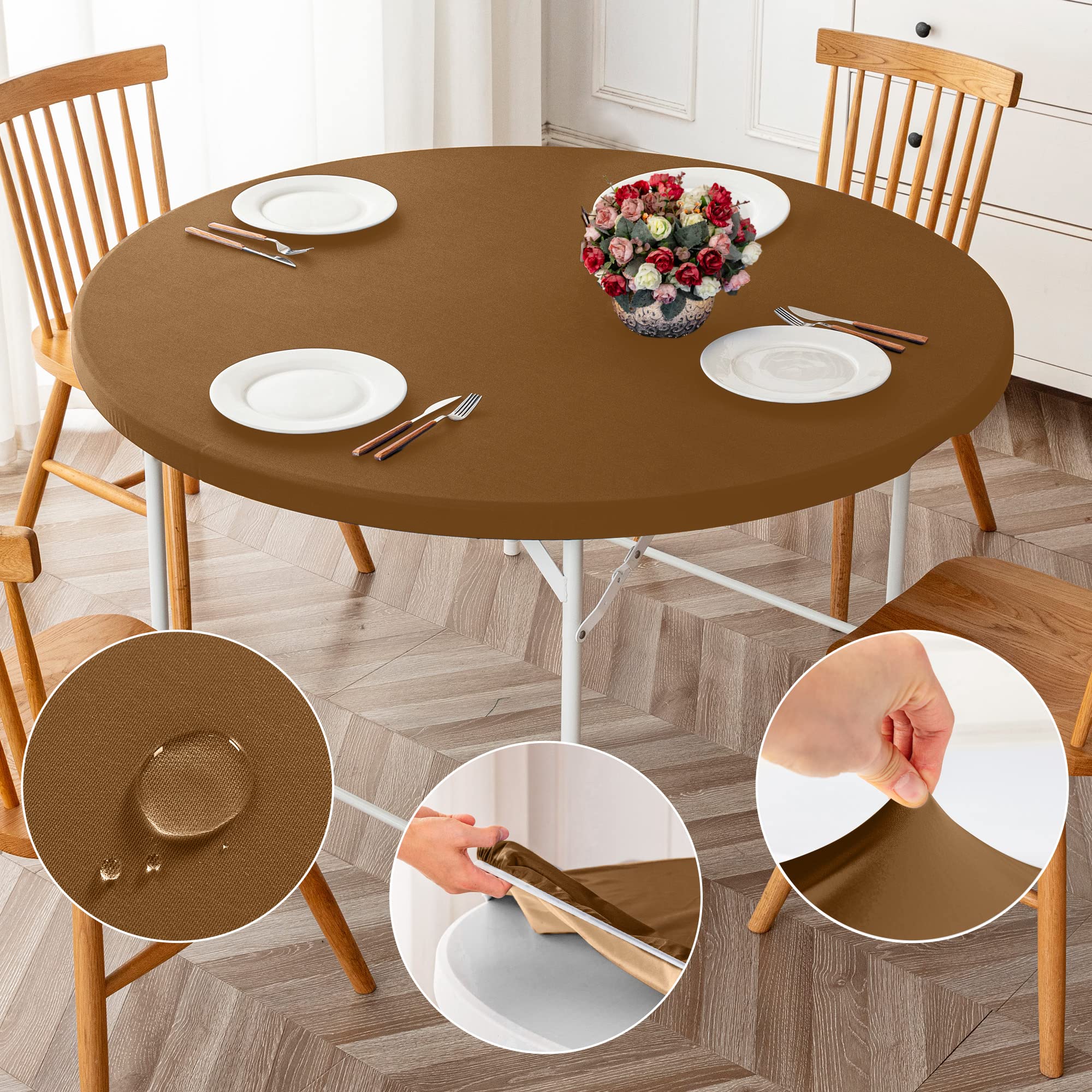 ManMengJi 2-Pack Reversible Stretch Tablecloth - Brown Waterproof Stain-Resistant Fitted Cover for Round Tables (45