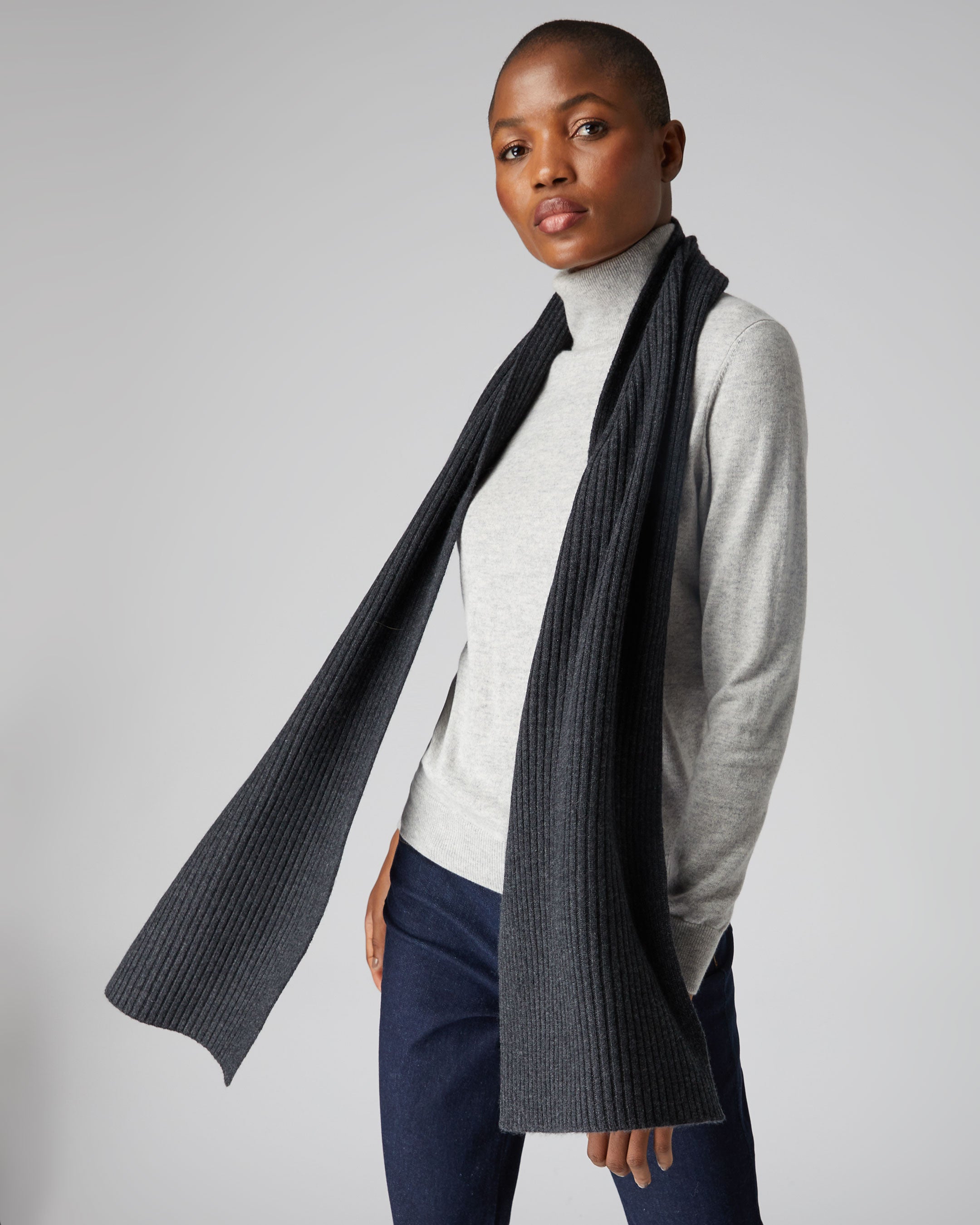 Unisex Short Ribbed Cashmere Scarf - Dark Charcoal Grey - Soft & Warm Winter Accessory for Men & Women - Perfect for Cold Weather, Office & Outdoor Activities