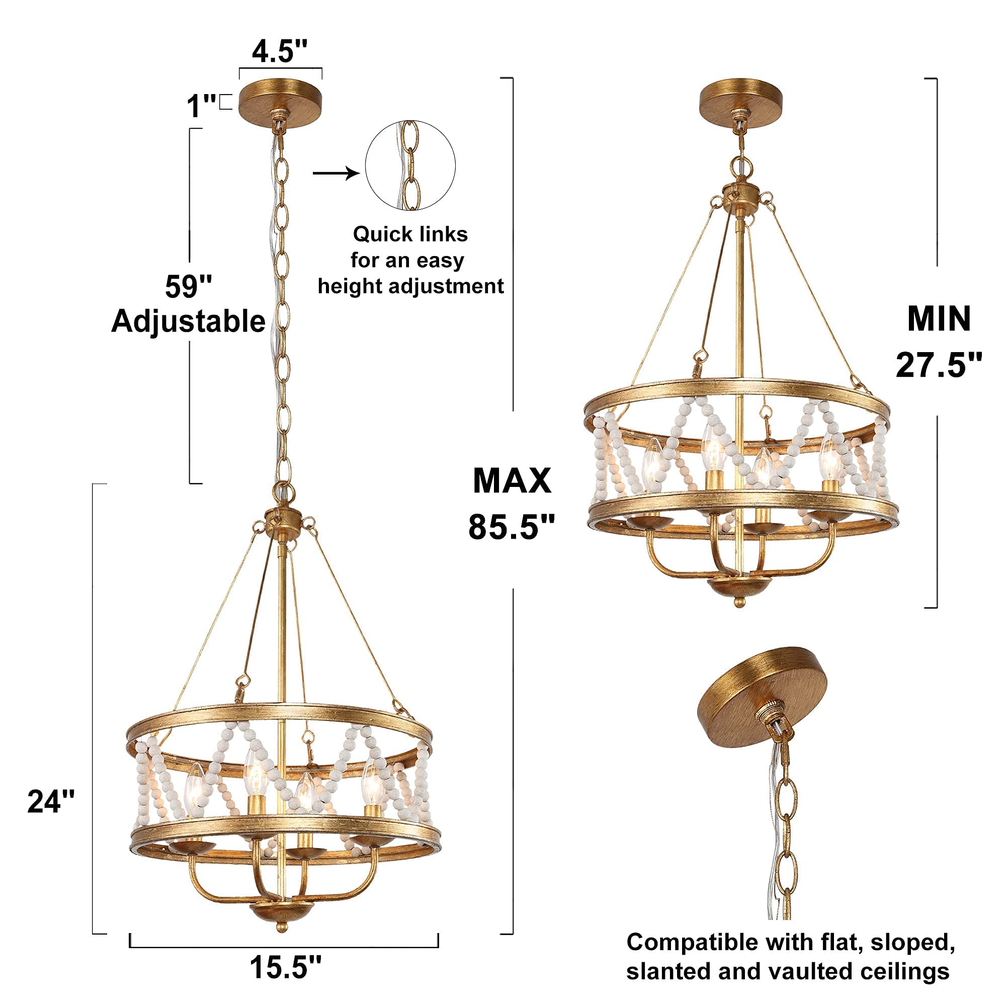 Elegant 4-Light Gold Chandelier with Beaded Drum Shade - 15.5