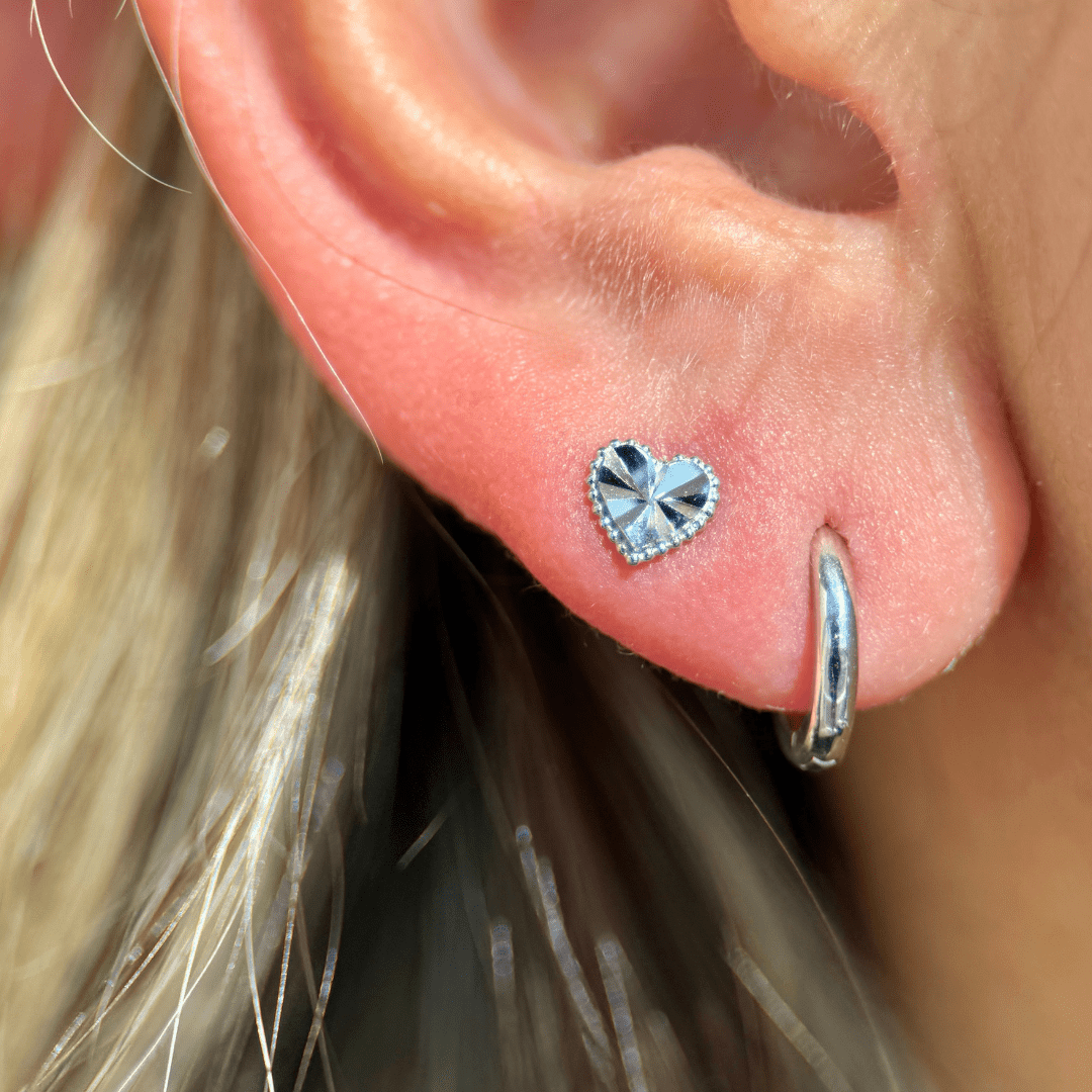 14K White Gold Diamond-Cut Heart Stud Earrings - Flat Back for Secure Fit | Perfect for Valentine's Day, Anniversary Gifts & Everyday Elegance